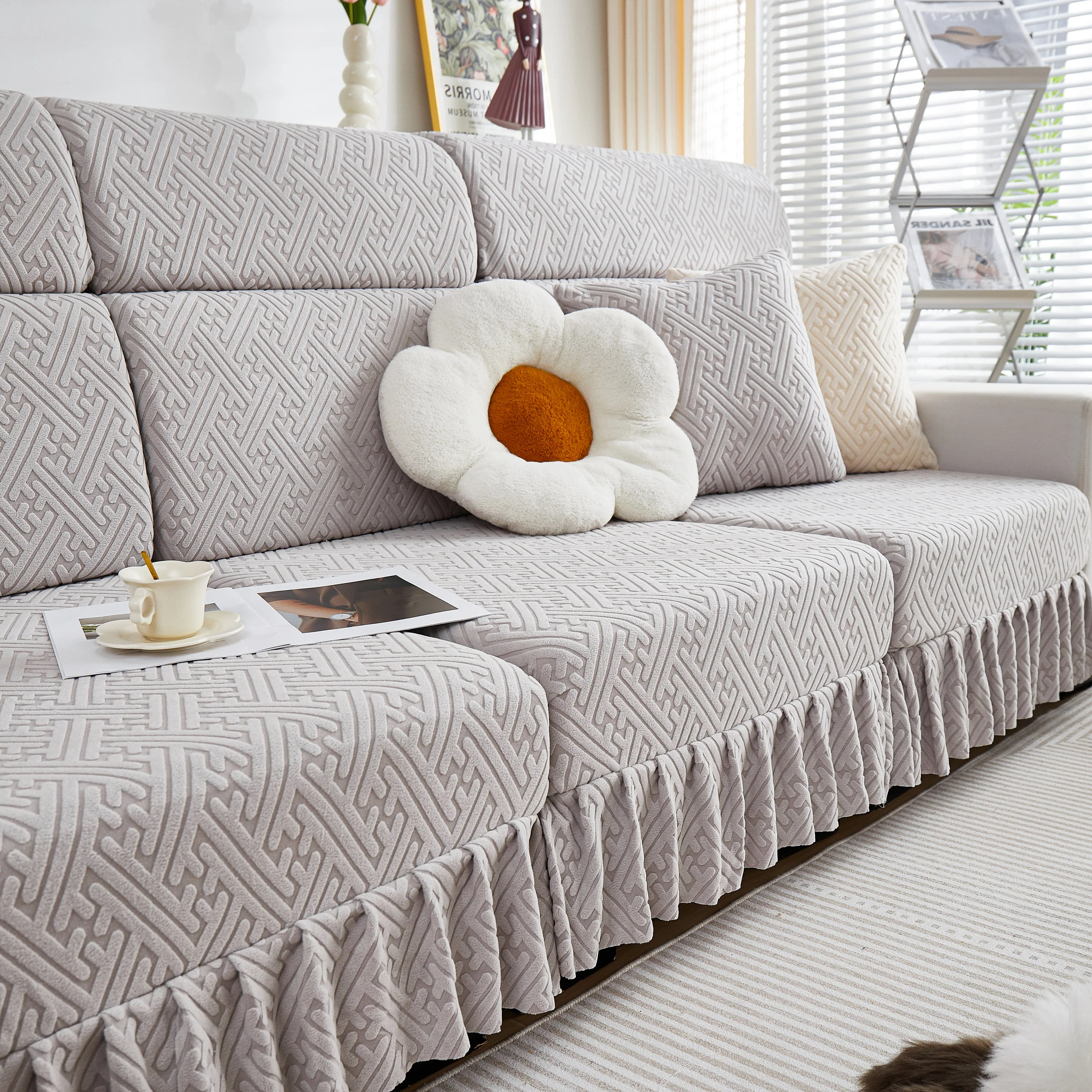 Stretch Sofa Covers with Skirt for Couch Seat and Cushion, Chaise, Sectional, 1/2/3/4 Seater Sofas - Image 118