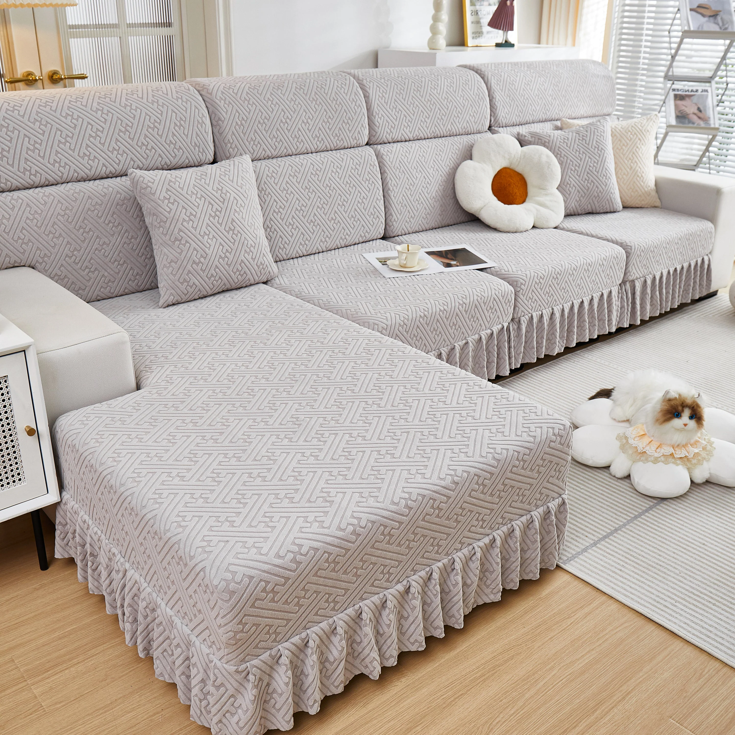 Stretch Sofa Covers with Skirt for Couch Seat and Cushion, Chaise, Sectional, 1/2/3/4 Seater Sofas - Image 119