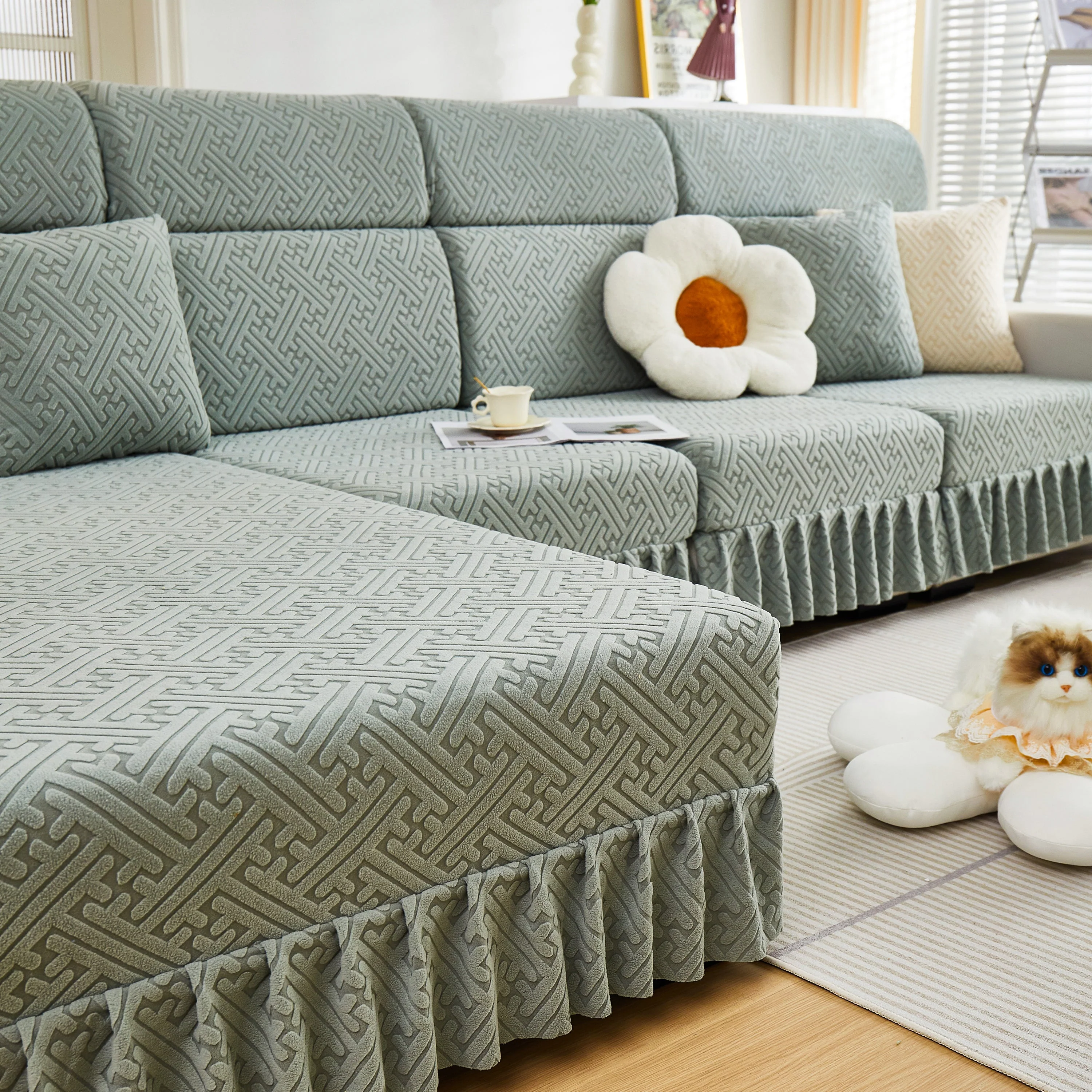 Stretch Sofa Covers with Skirt for Couch Seat and Cushion, Chaise, Sectional, 1/2/3/4 Seater Sofas - Image 12