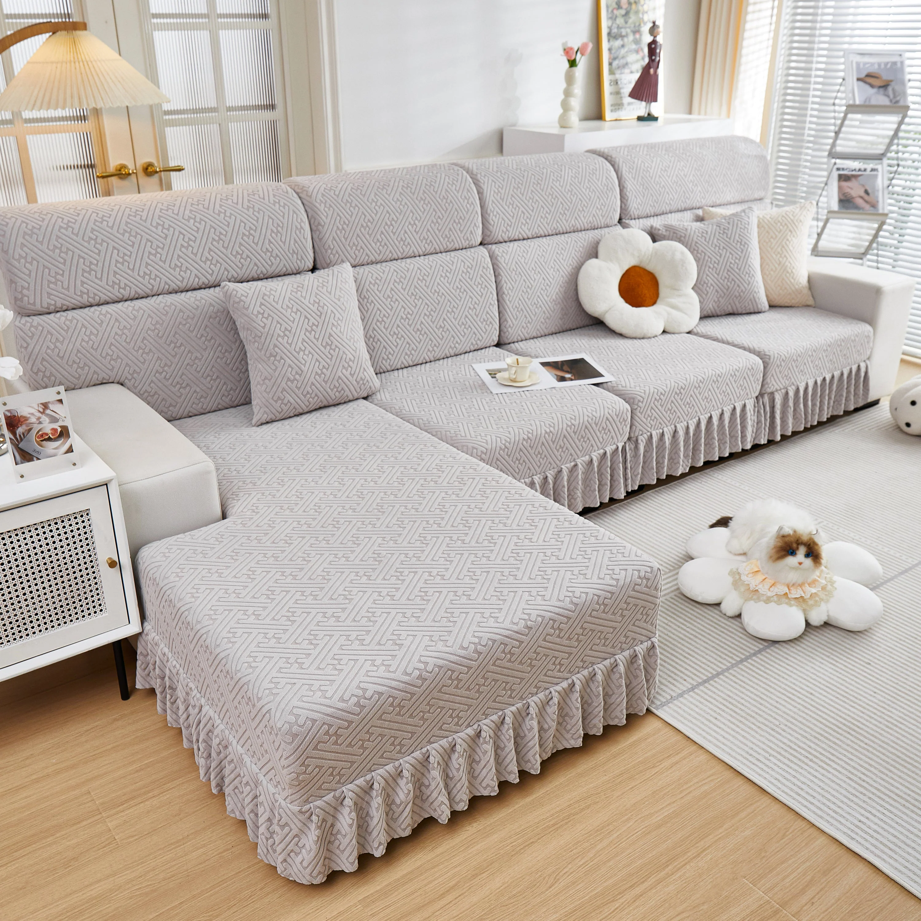 Stretch Sofa Covers with Skirt for Couch Seat and Cushion, Chaise, Sectional, 1/2/3/4 Seater Sofas - Image 120
