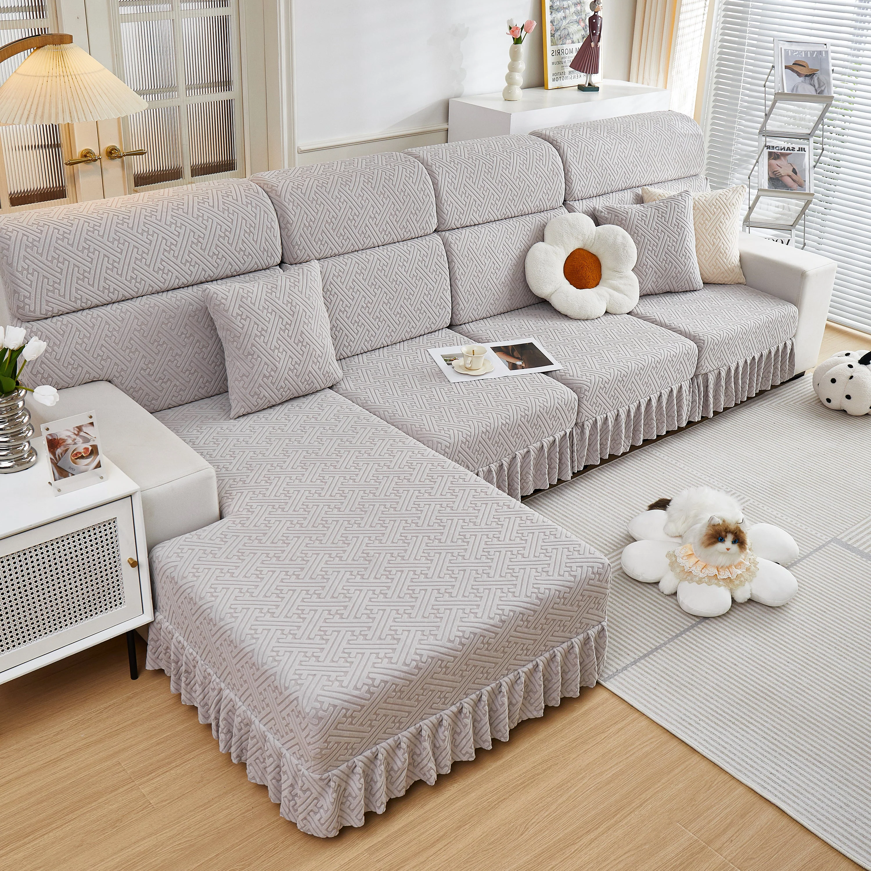 Stretch Sofa Covers with Skirt for Couch Seat and Cushion, Chaise, Sectional, 1/2/3/4 Seater Sofas - Image 121