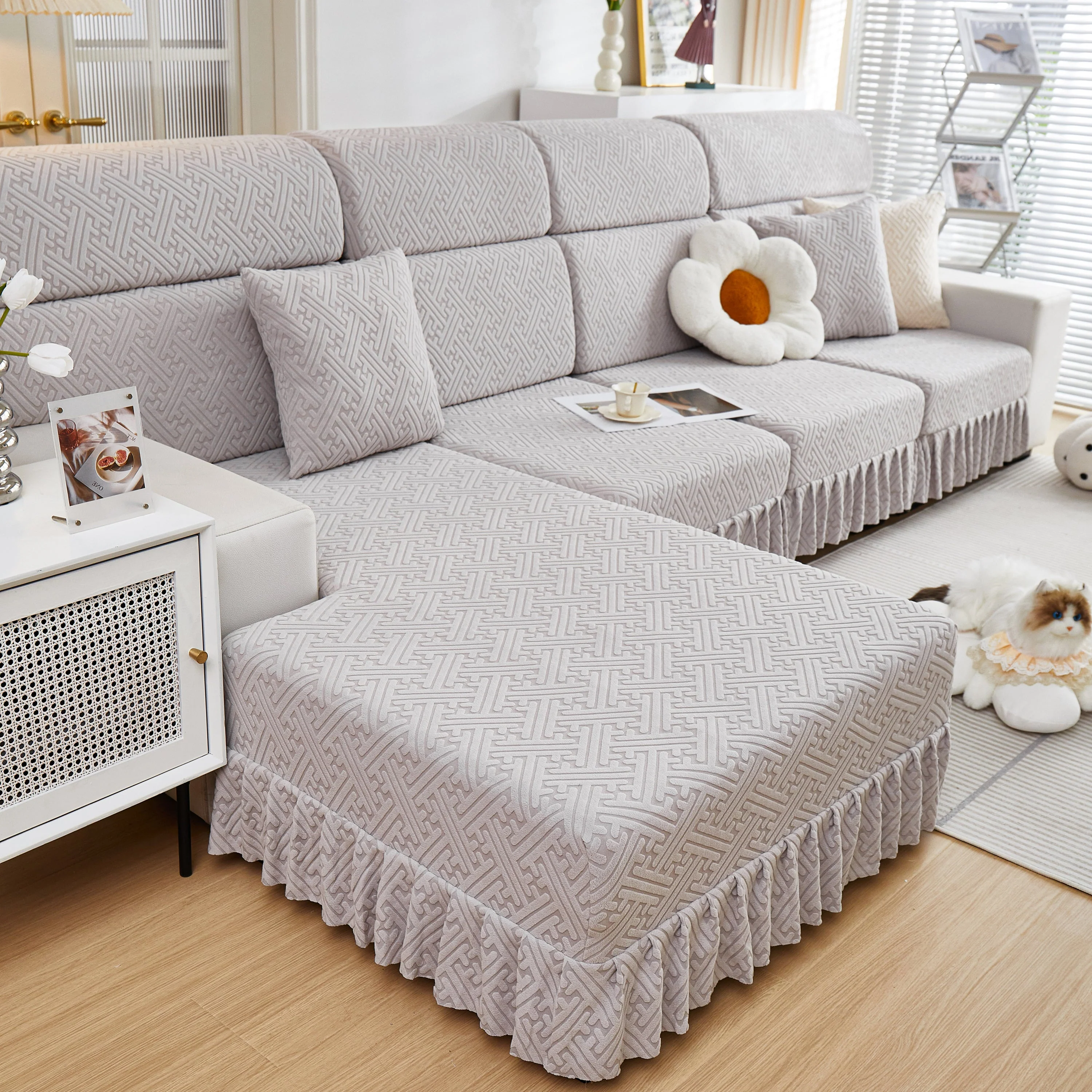 Stretch Sofa Covers with Skirt for Couch Seat and Cushion, Chaise, Sectional, 1/2/3/4 Seater Sofas - Image 122