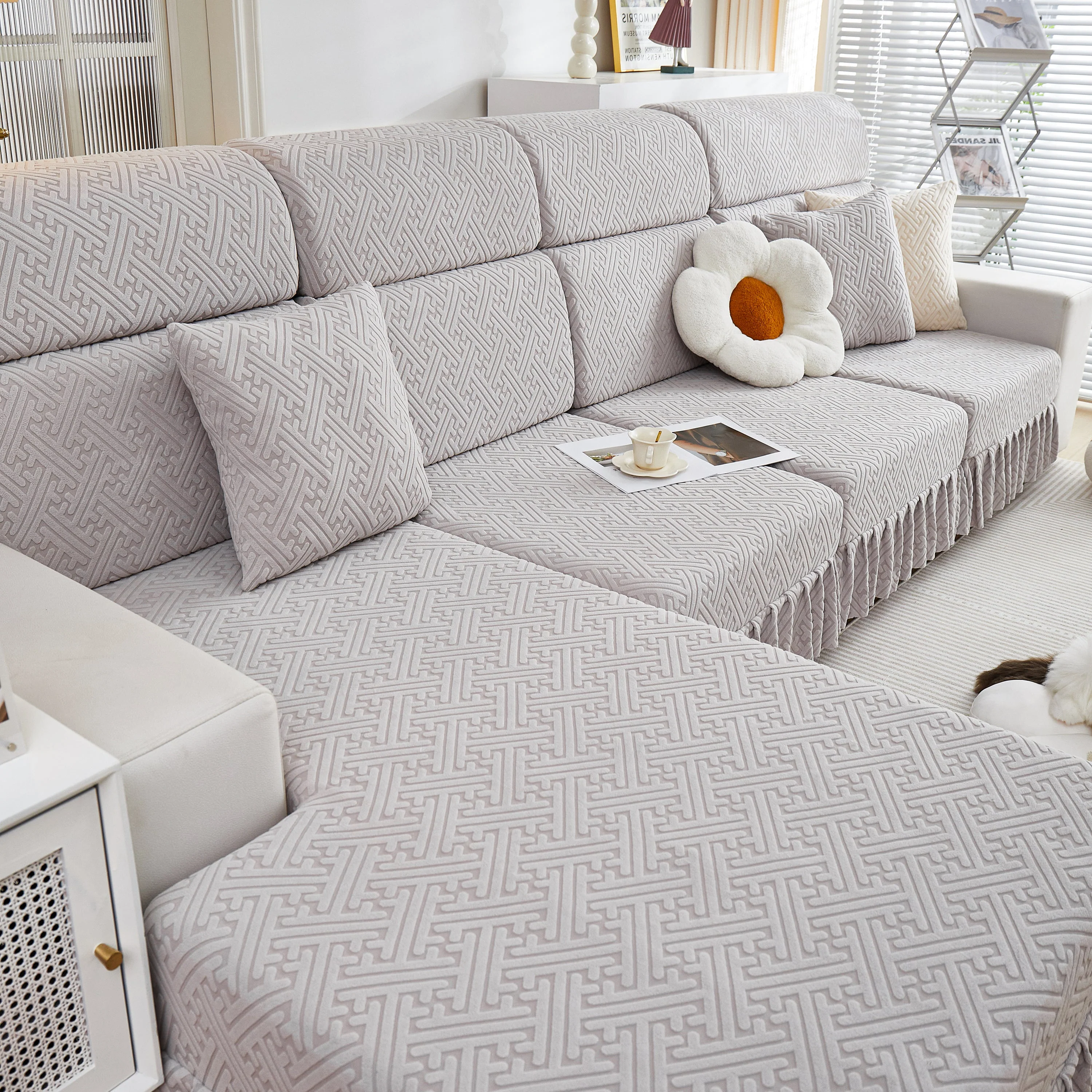 Stretch Sofa Covers with Skirt for Couch Seat and Cushion, Chaise, Sectional, 1/2/3/4 Seater Sofas - Image 123