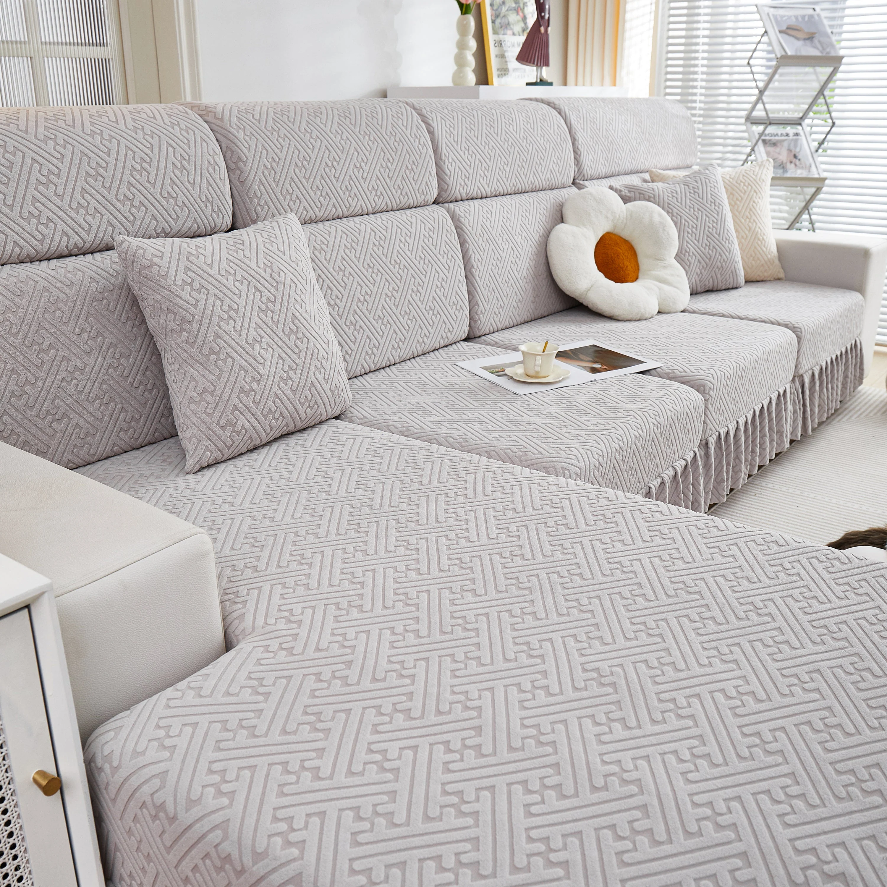 Stretch Sofa Covers with Skirt for Couch Seat and Cushion, Chaise, Sectional, 1/2/3/4 Seater Sofas - Image 126