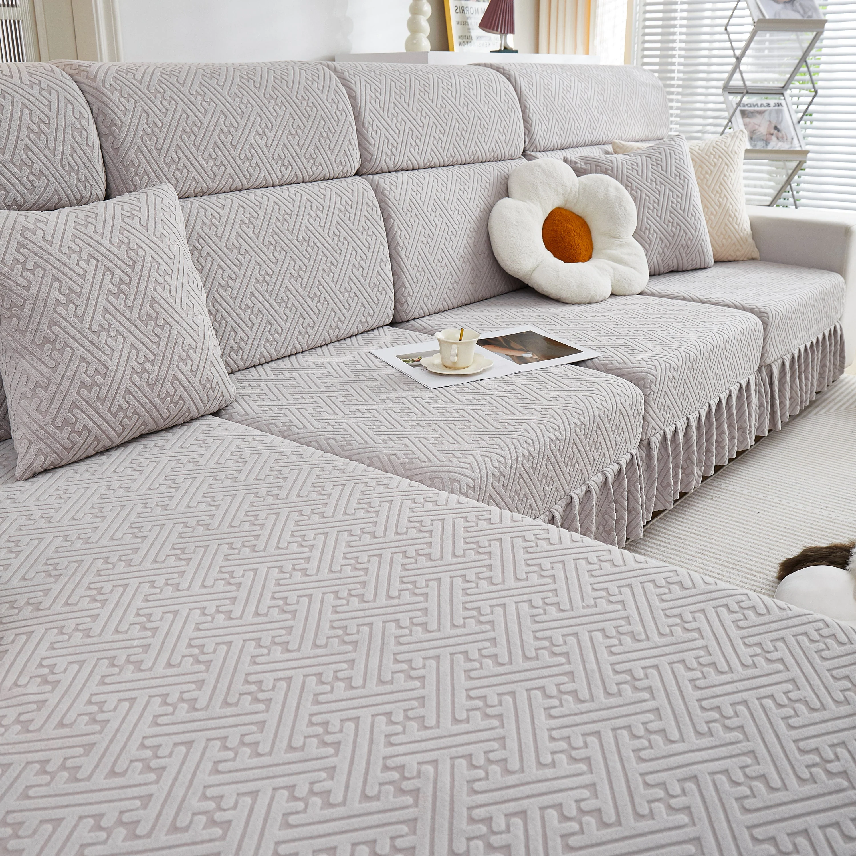 Stretch Sofa Covers with Skirt for Couch Seat and Cushion, Chaise, Sectional, 1/2/3/4 Seater Sofas - Image 127