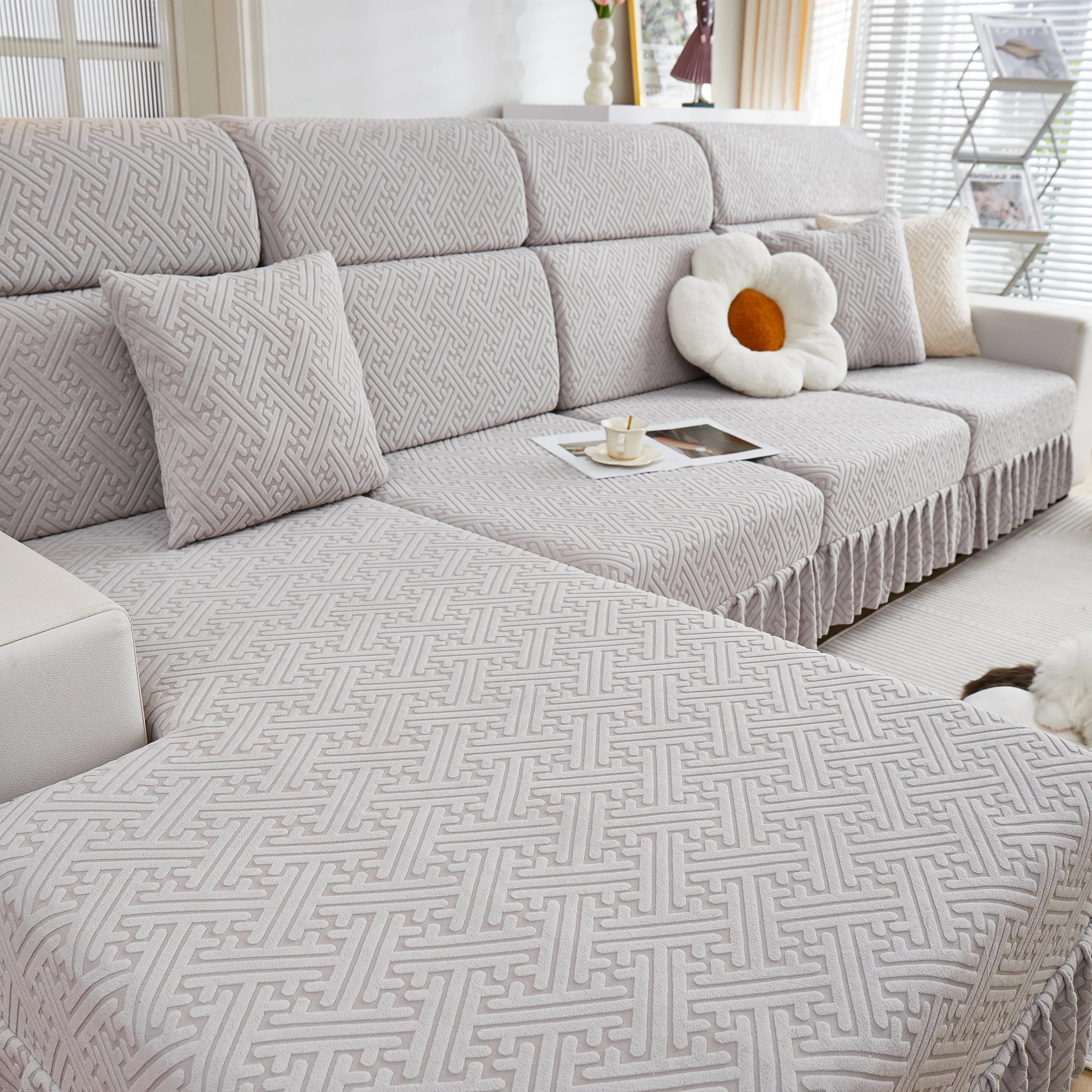 Stretch Sofa Covers with Skirt for Couch Seat and Cushion, Chaise, Sectional, 1/2/3/4 Seater Sofas - Image 128