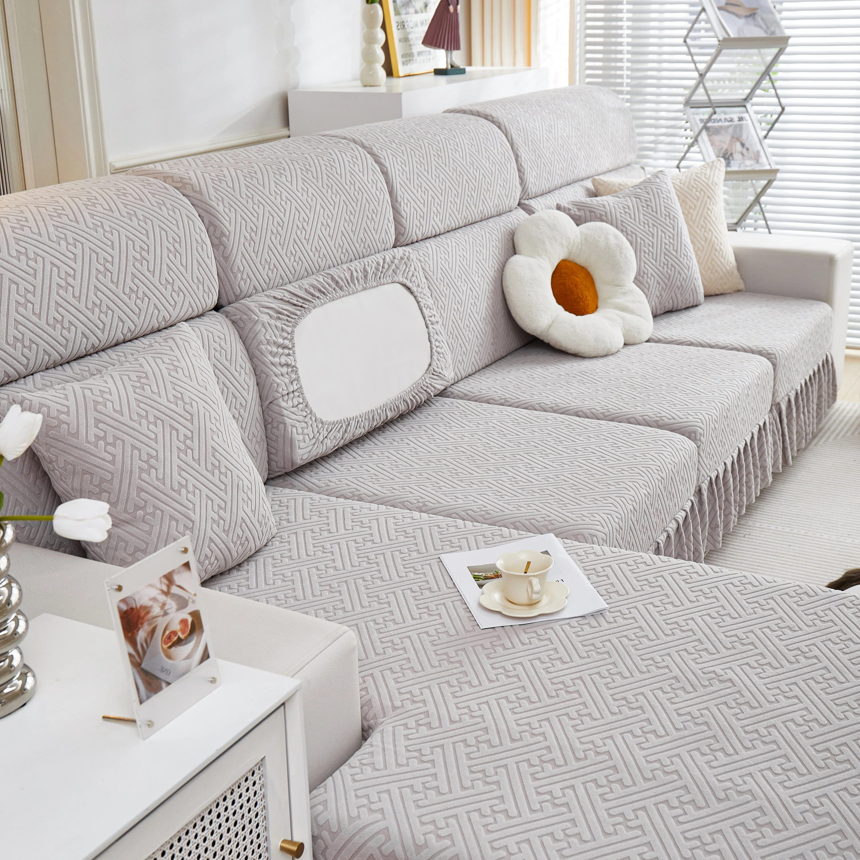 Stretch Sofa Covers with Skirt for Couch Seat and Cushion, Chaise, Sectional, 1/2/3/4 Seater Sofas - Image 130