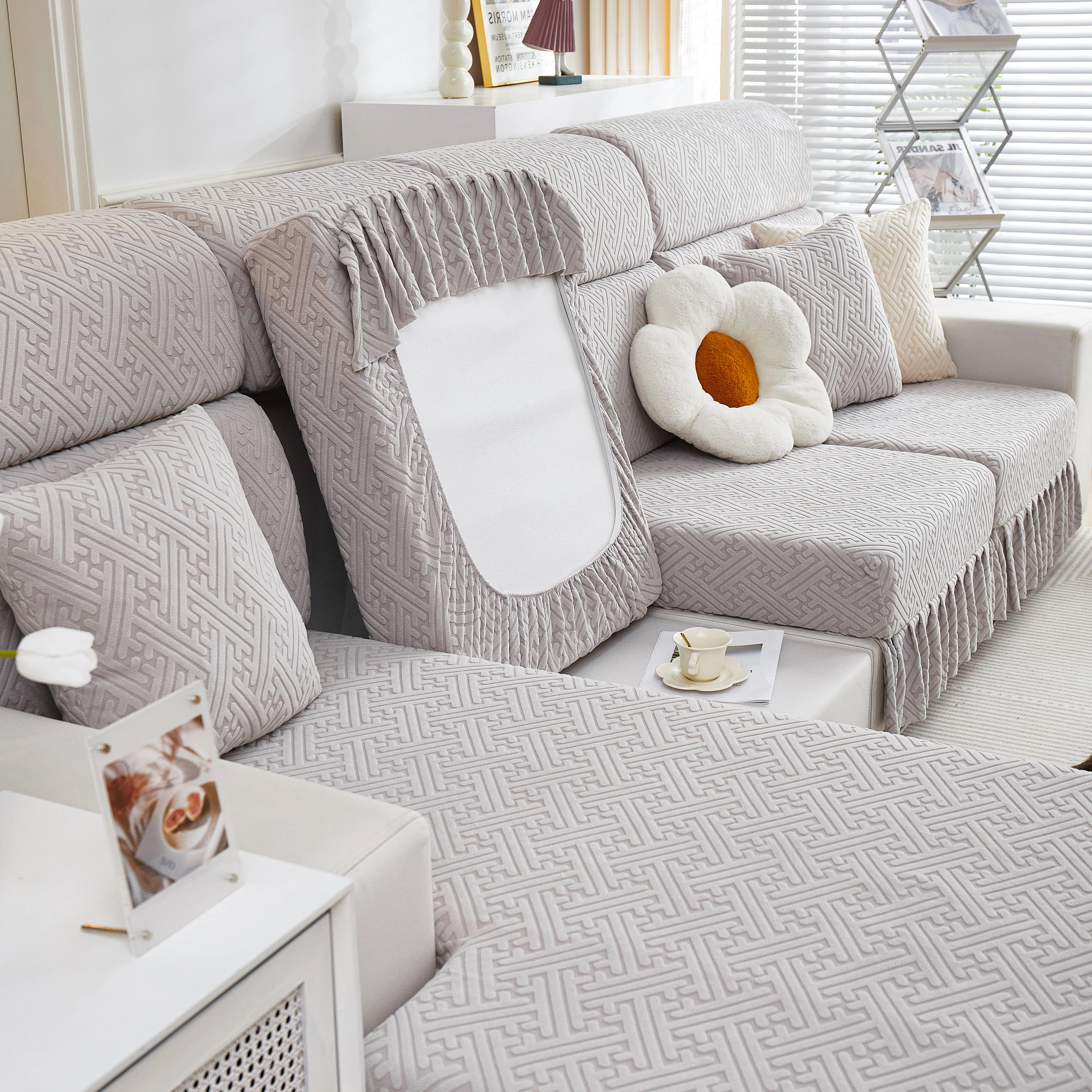 Stretch Sofa Covers with Skirt for Couch Seat and Cushion, Chaise, Sectional, 1/2/3/4 Seater Sofas - Image 131