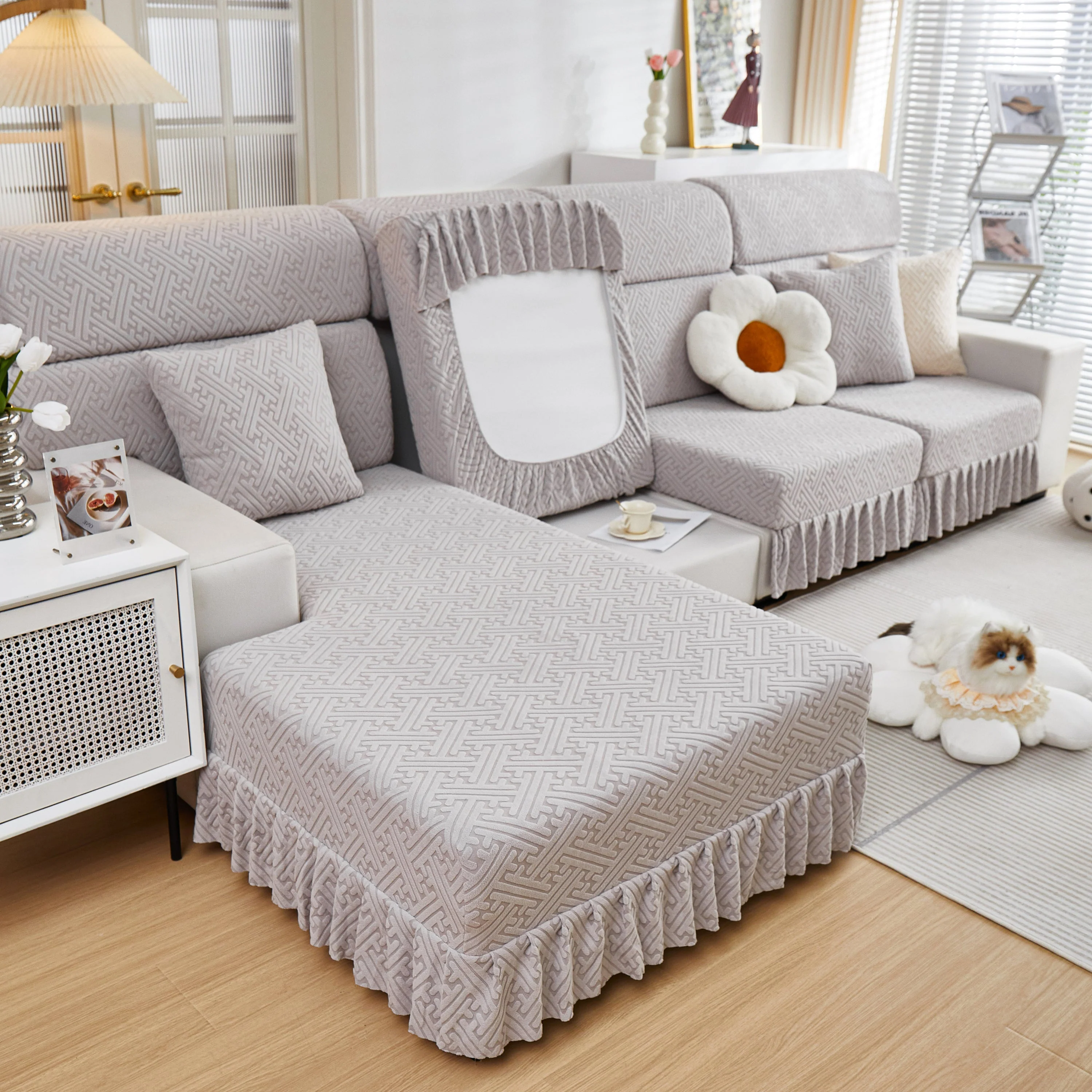 Stretch Sofa Covers with Skirt for Couch Seat and Cushion, Chaise, Sectional, 1/2/3/4 Seater Sofas - Image 132