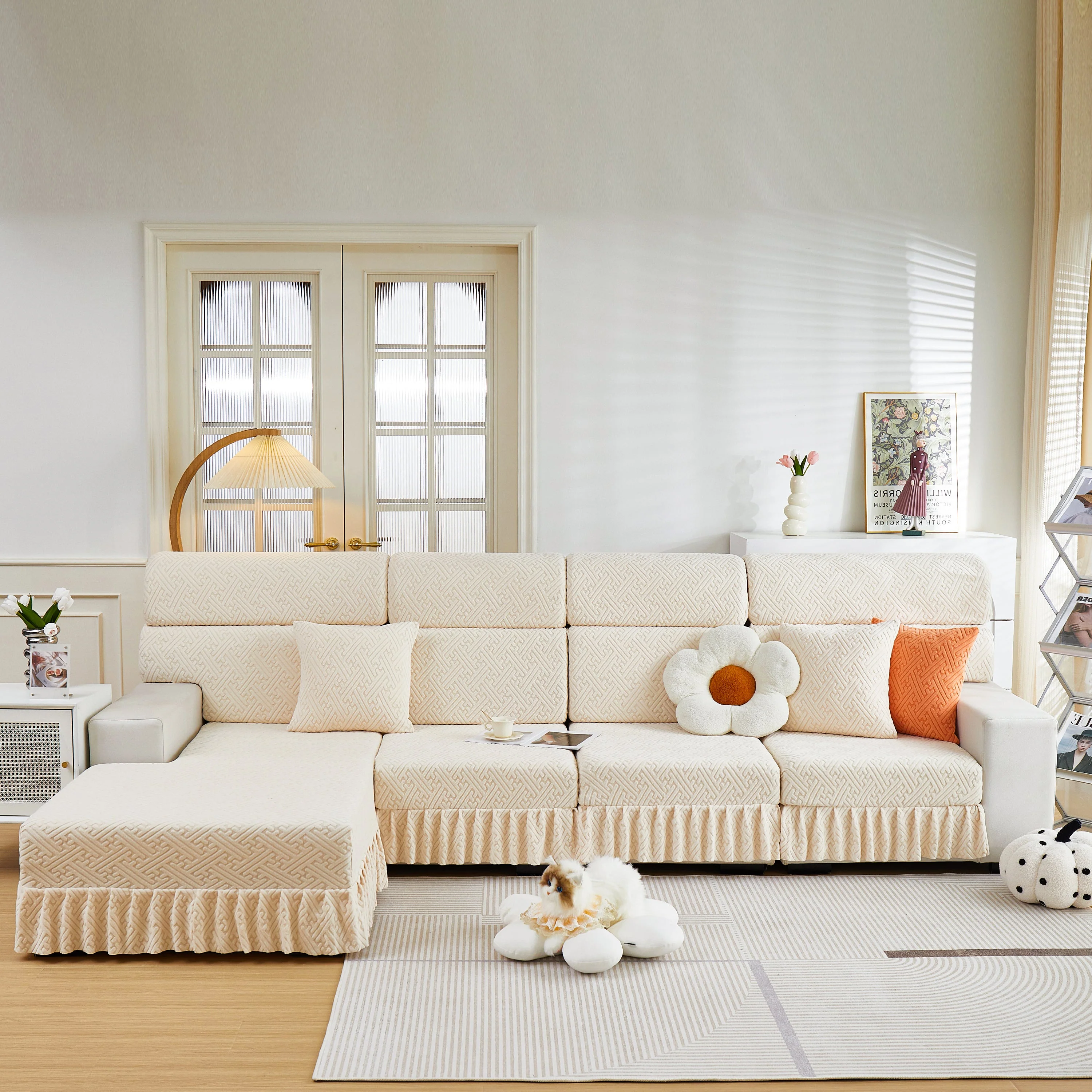 Stretch Sofa Covers with Skirt for Couch Seat and Cushion, Chaise, Sectional, 1/2/3/4 Seater Sofas - Image 138