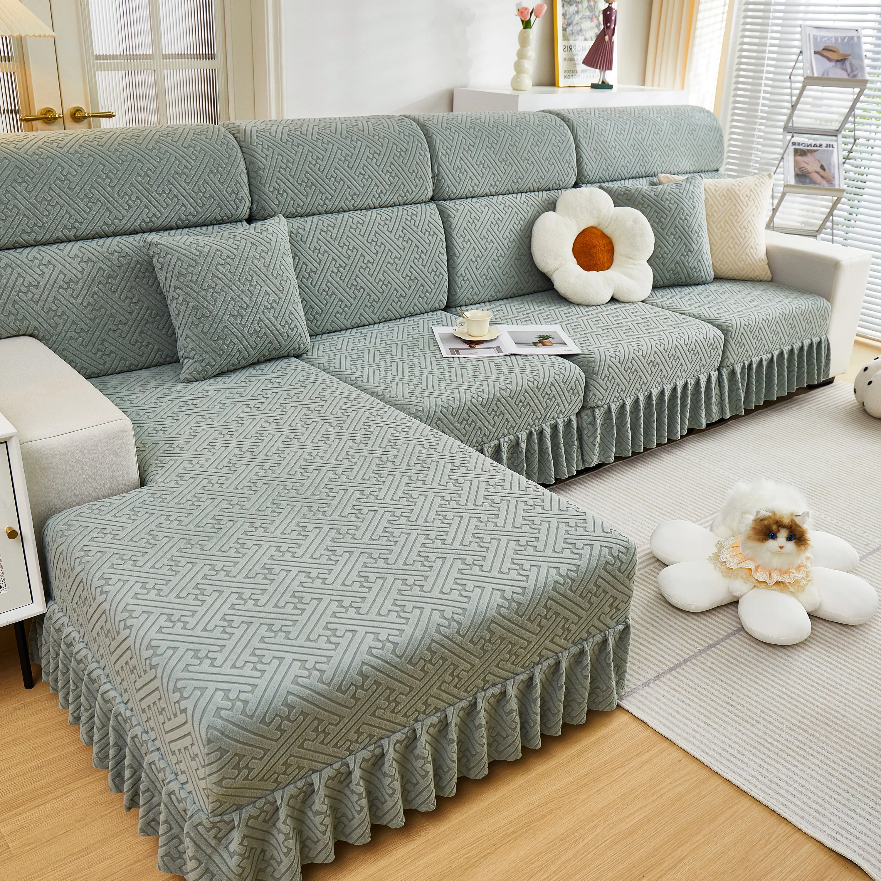 Stretch Sofa Covers with Skirt for Couch Seat and Cushion, Chaise, Sectional, 1/2/3/4 Seater Sofas - Image 14
