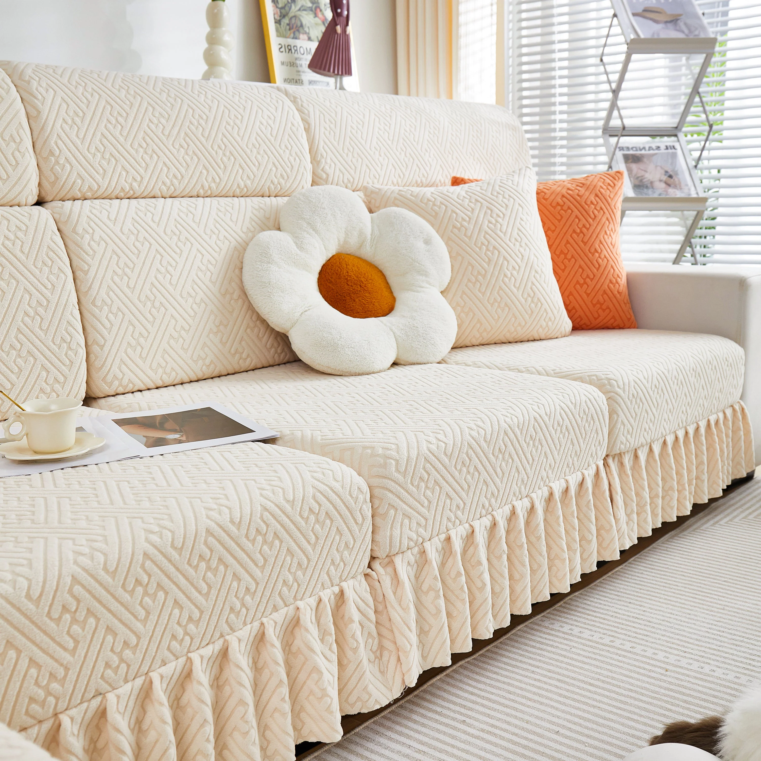 Stretch Sofa Covers with Skirt for Couch Seat and Cushion, Chaise, Sectional, 1/2/3/4 Seater Sofas - Image 140