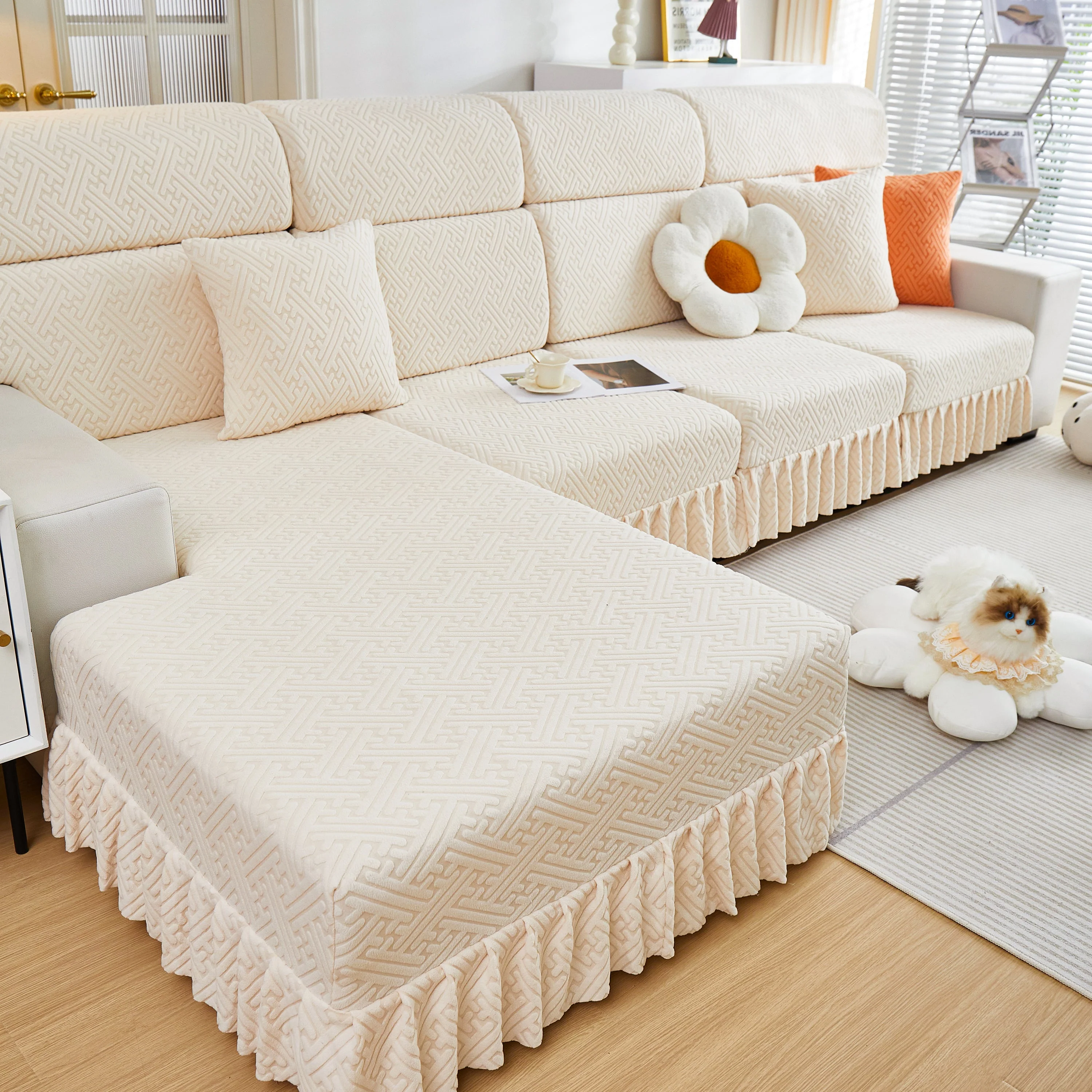 Stretch Sofa Covers with Skirt for Couch Seat and Cushion, Chaise, Sectional, 1/2/3/4 Seater Sofas - Image 141