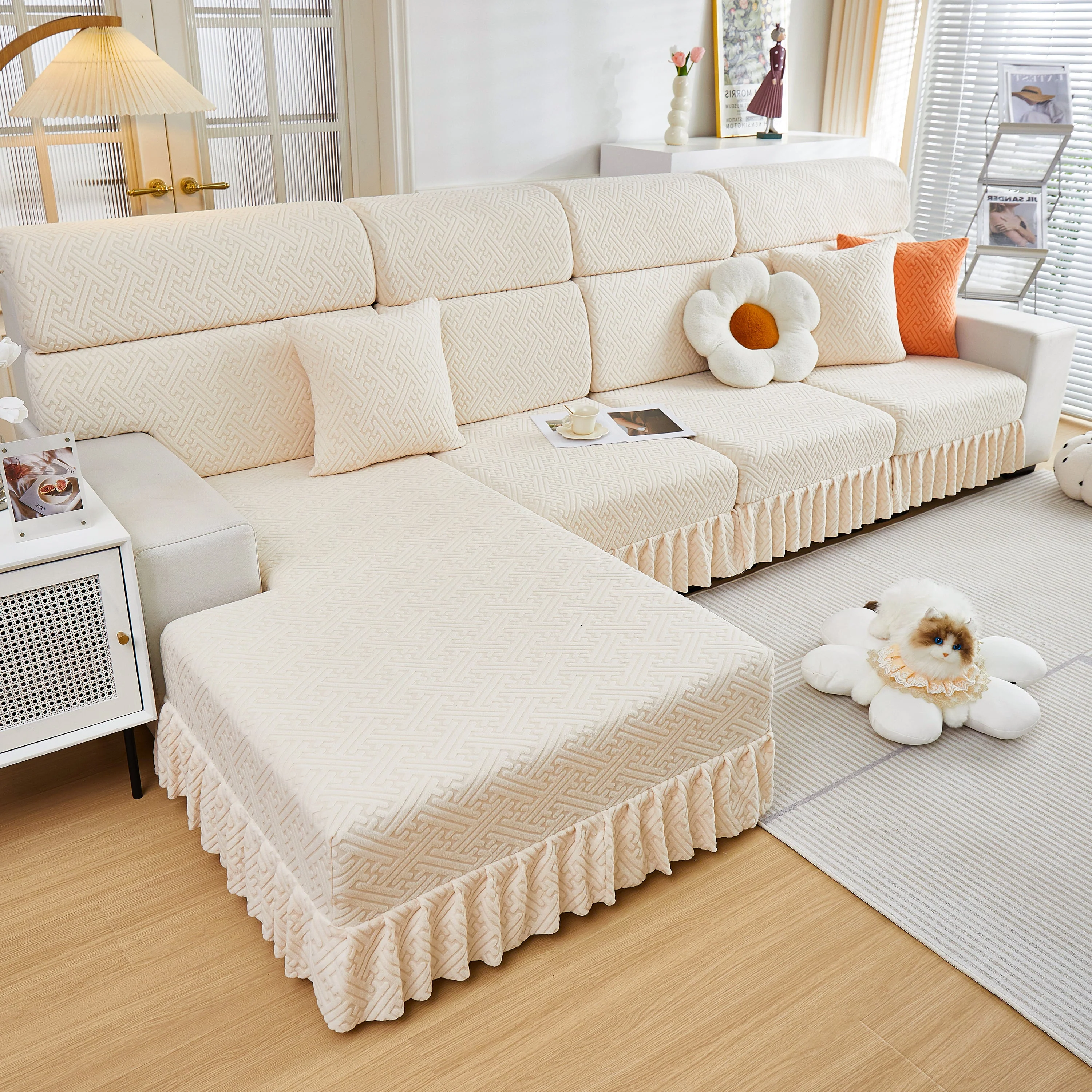 Stretch Sofa Covers with Skirt for Couch Seat and Cushion, Chaise, Sectional, 1/2/3/4 Seater Sofas - Image 142
