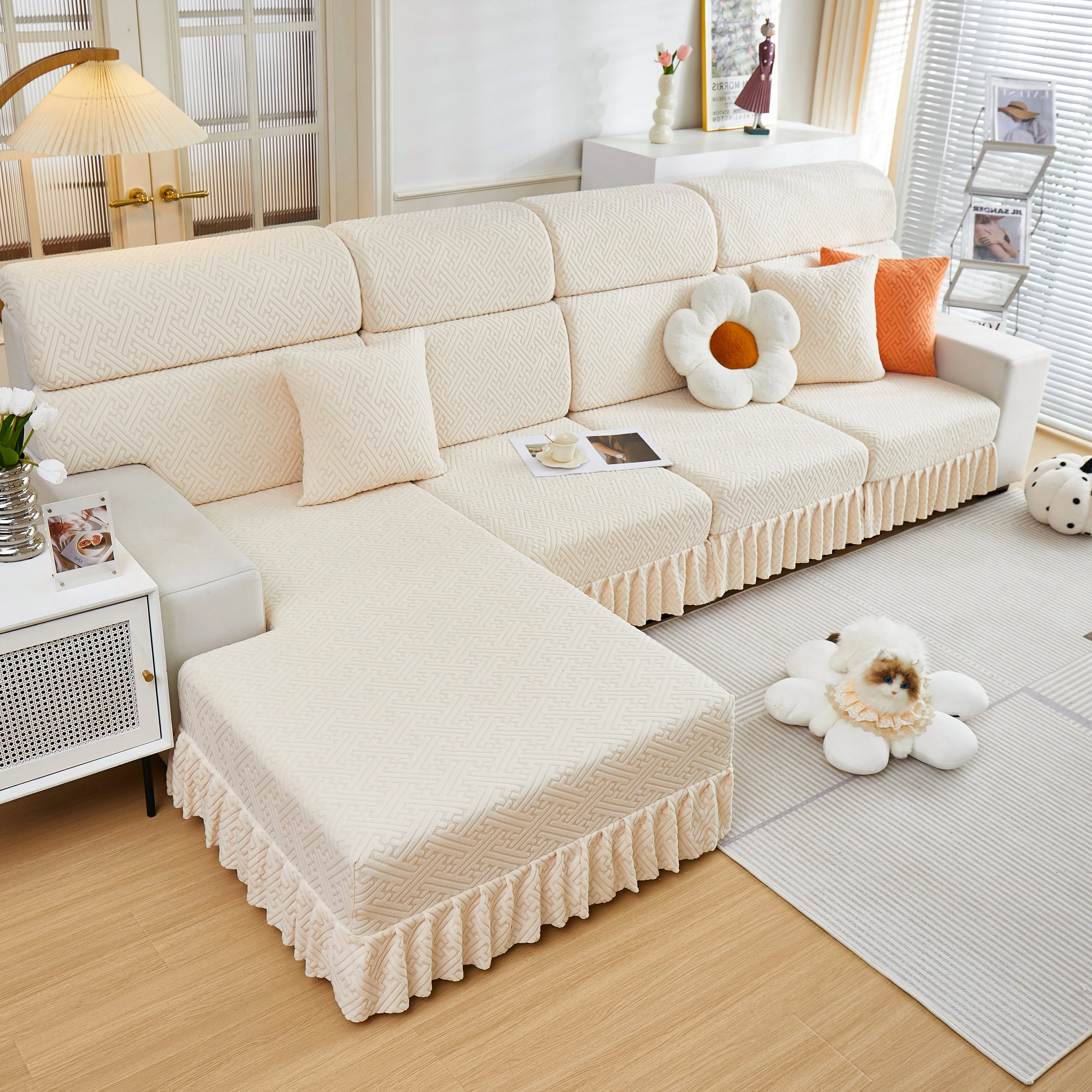 Stretch Sofa Covers with Skirt for Couch Seat and Cushion, Chaise, Sectional, 1/2/3/4 Seater Sofas - Image 143