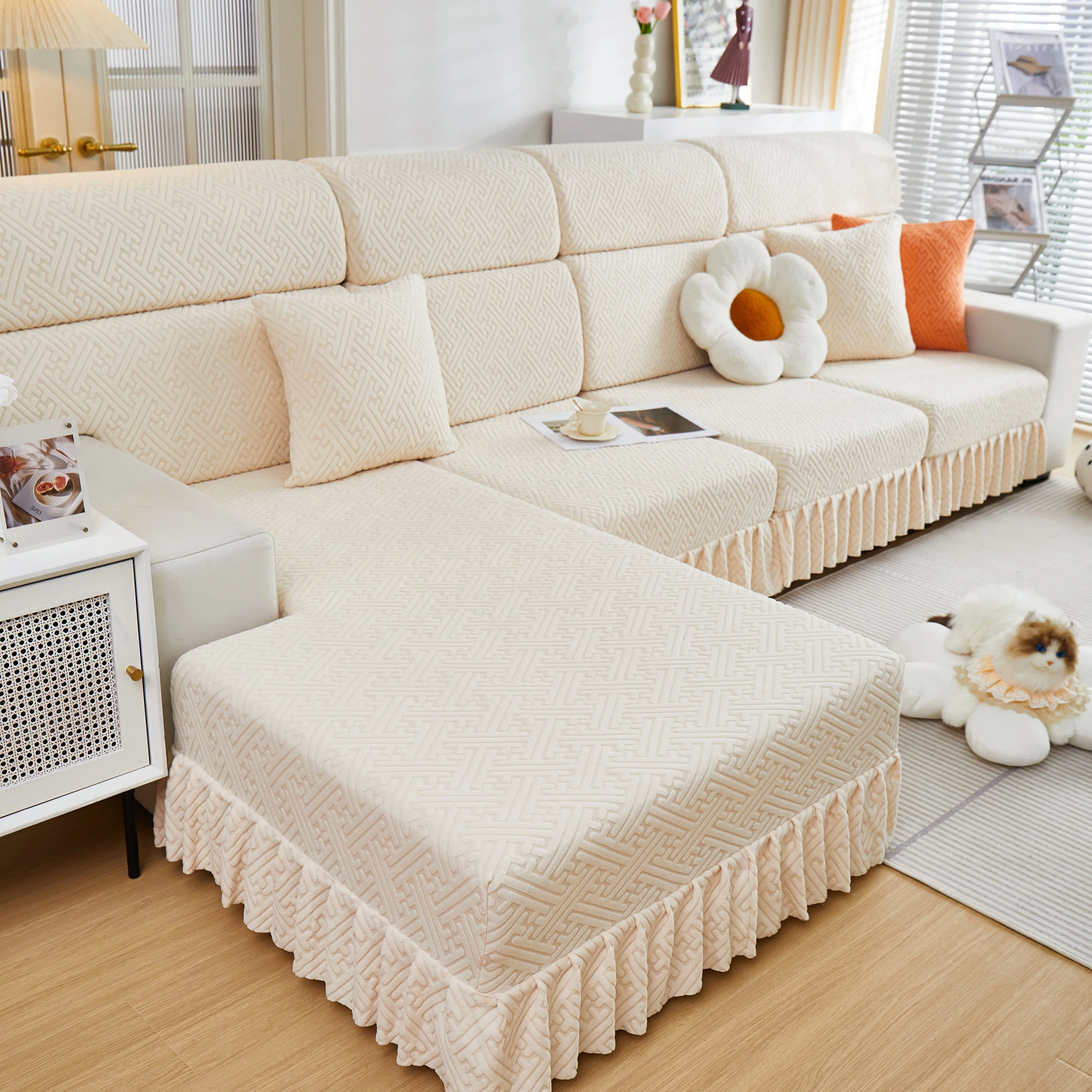 Stretch Sofa Covers with Skirt for Couch Seat and Cushion, Chaise, Sectional, 1/2/3/4 Seater Sofas - Image 144