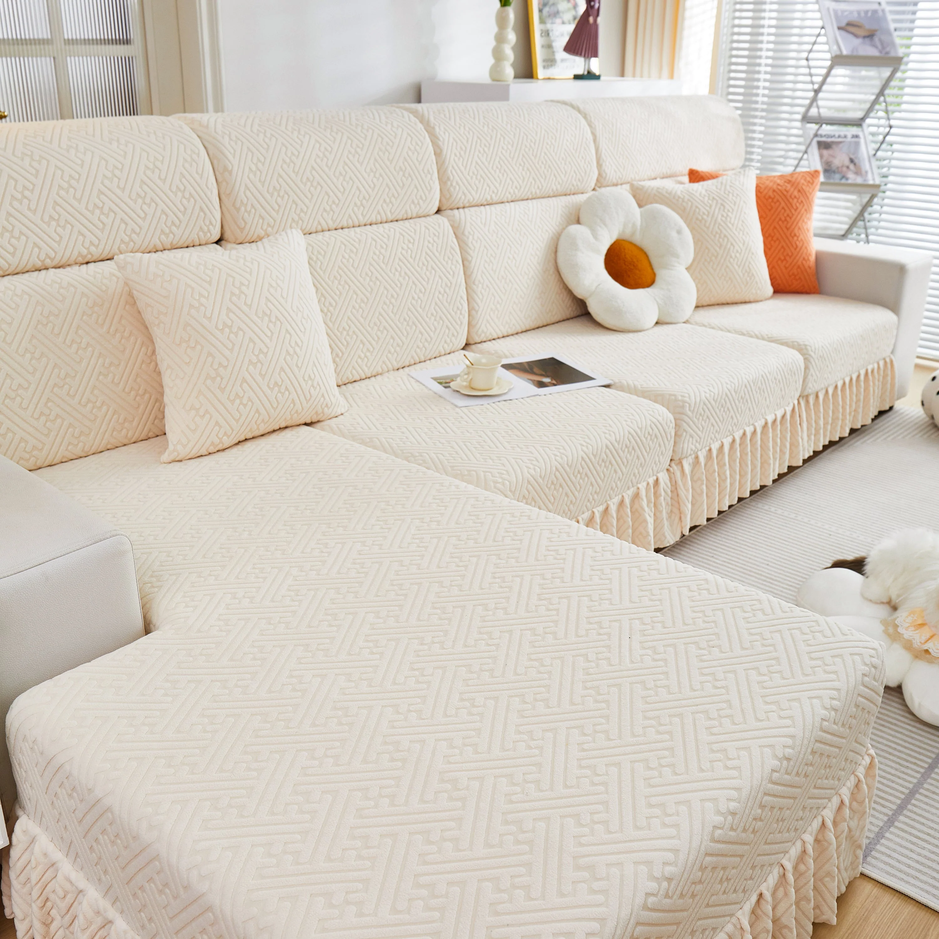 Stretch Sofa Covers with Skirt for Couch Seat and Cushion, Chaise, Sectional, 1/2/3/4 Seater Sofas - Image 145