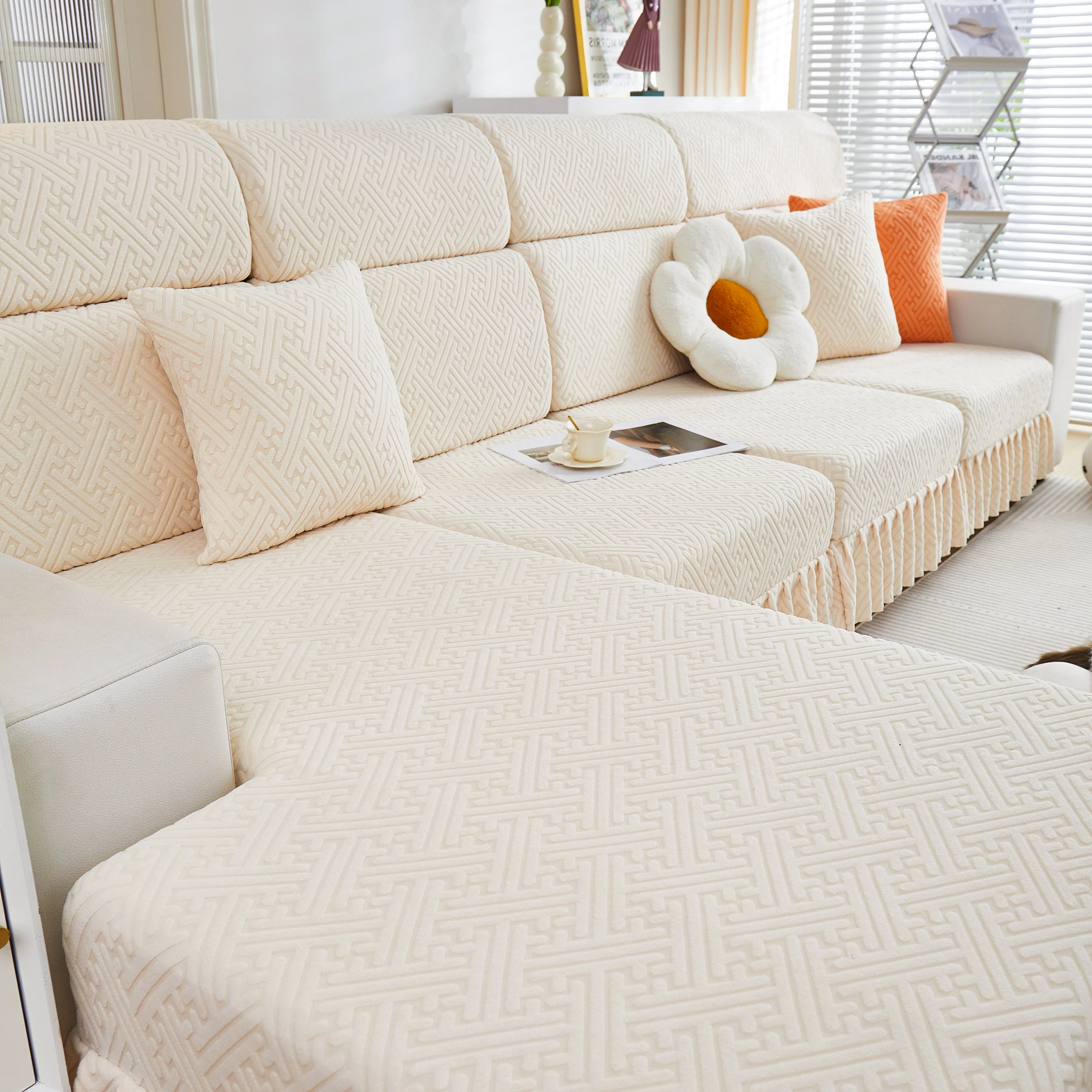 Stretch Sofa Covers with Skirt for Couch Seat and Cushion, Chaise, Sectional, 1/2/3/4 Seater Sofas - Image 149