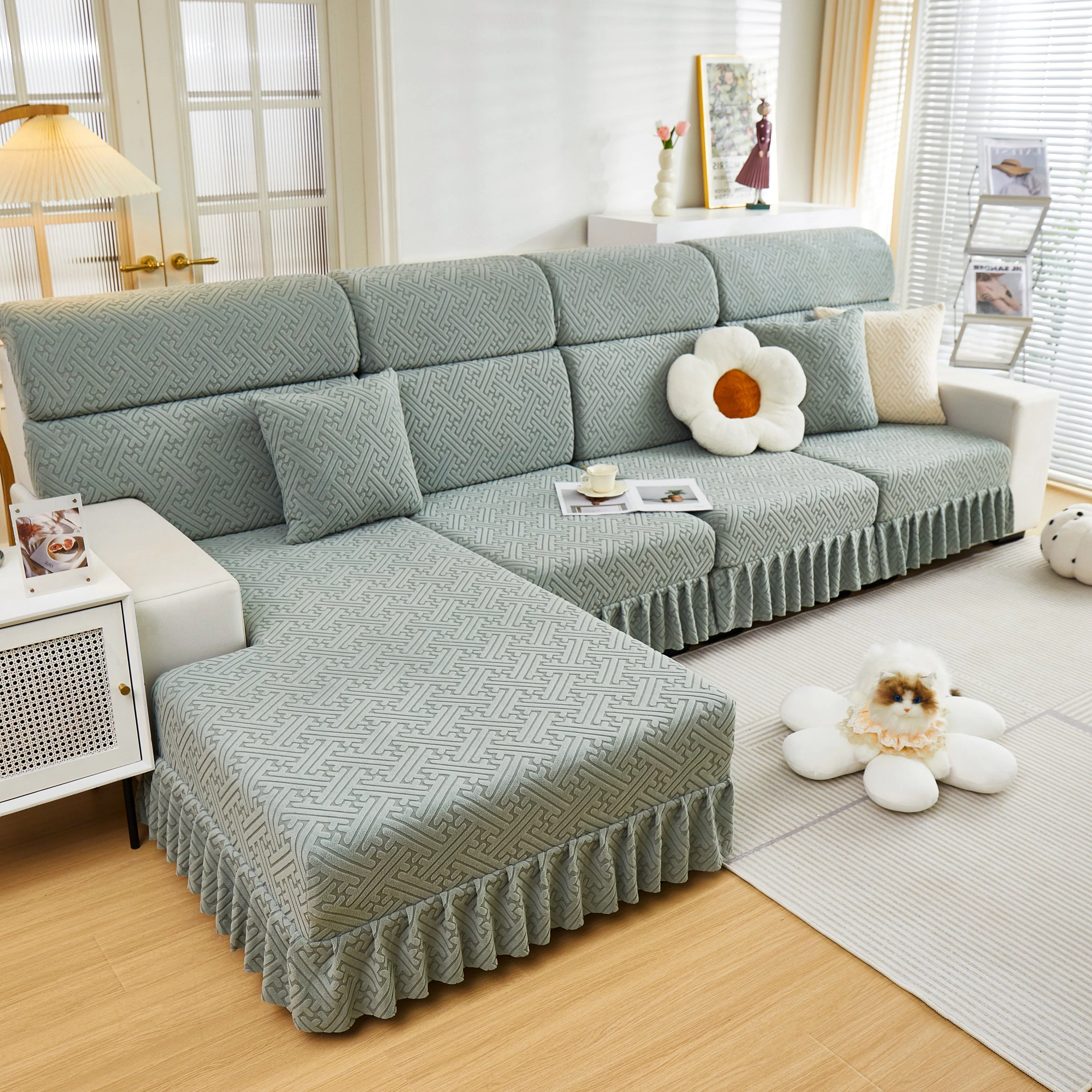 Stretch Sofa Covers with Skirt for Couch Seat and Cushion, Chaise, Sectional, 1/2/3/4 Seater Sofas - Image 15