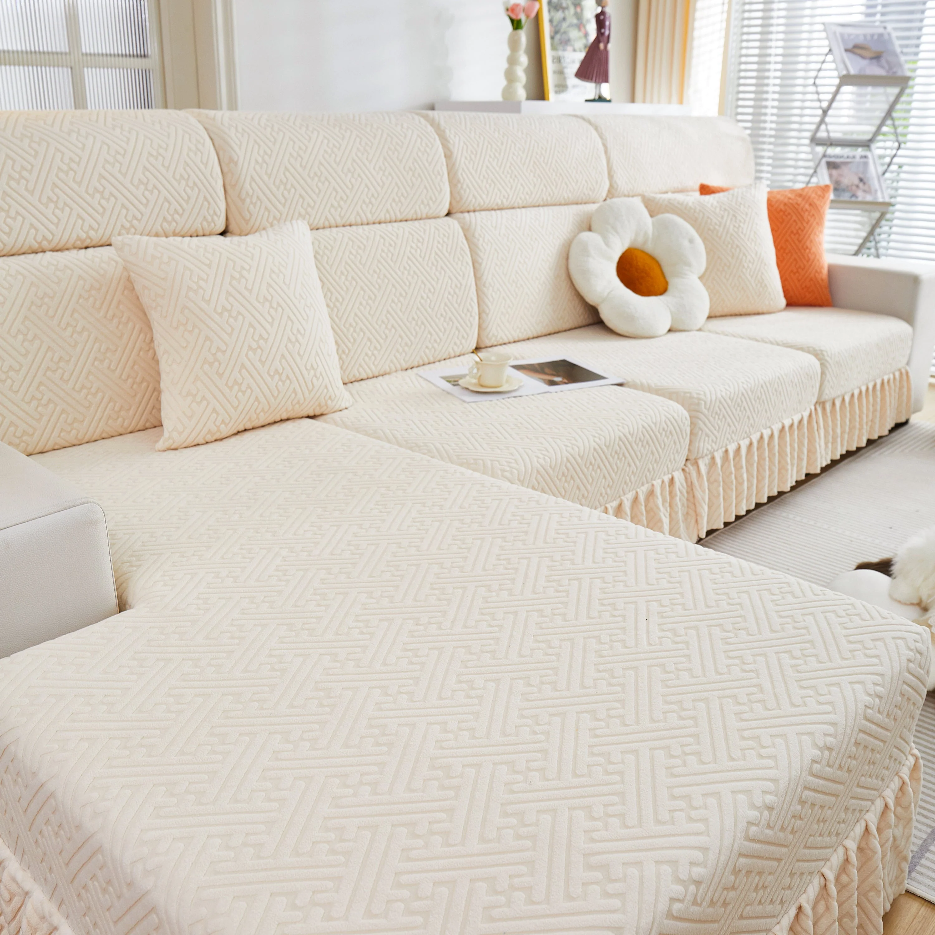 Stretch Sofa Covers with Skirt for Couch Seat and Cushion, Chaise, Sectional, 1/2/3/4 Seater Sofas - Image 151
