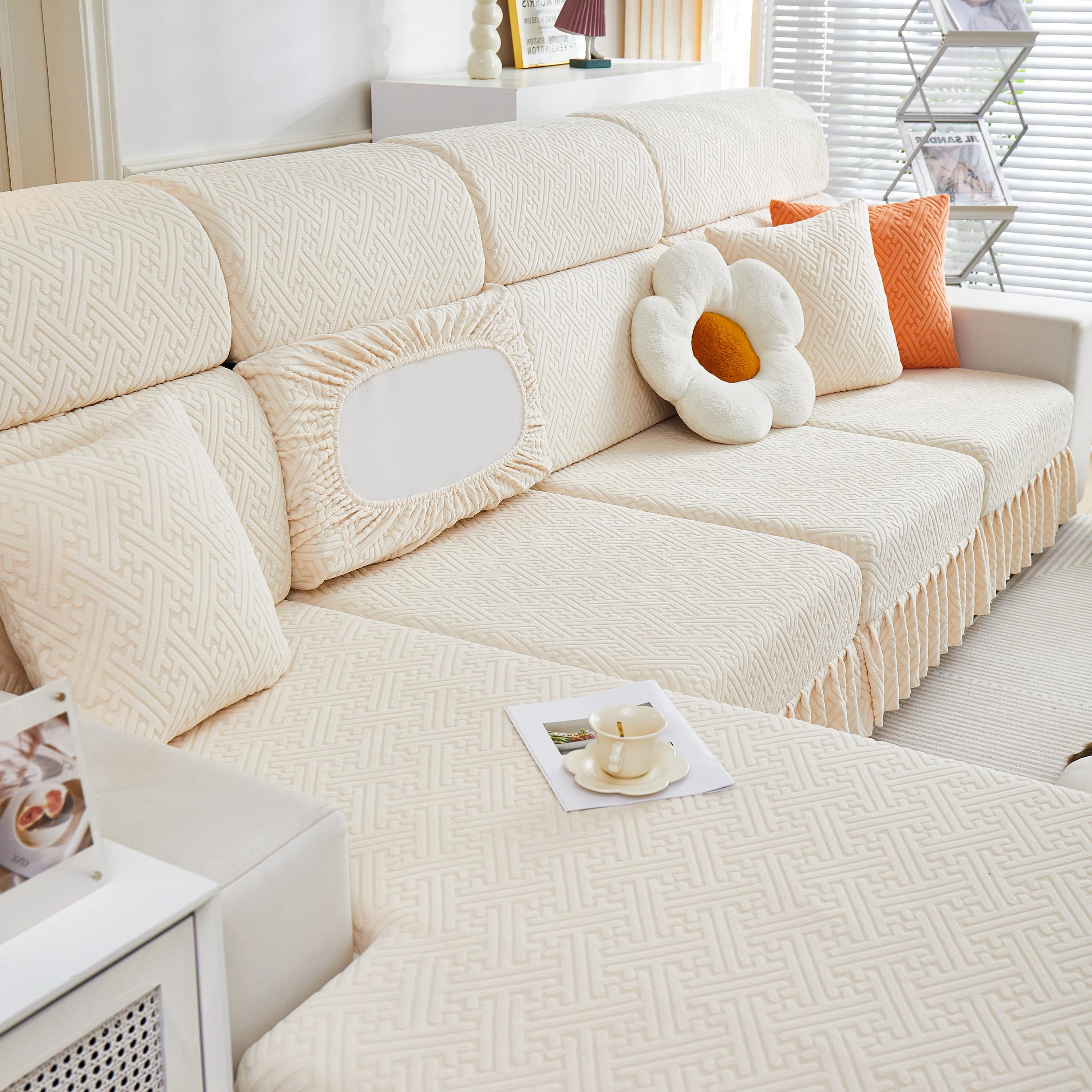 Stretch Sofa Covers with Skirt for Couch Seat and Cushion, Chaise, Sectional, 1/2/3/4 Seater Sofas - Image 153