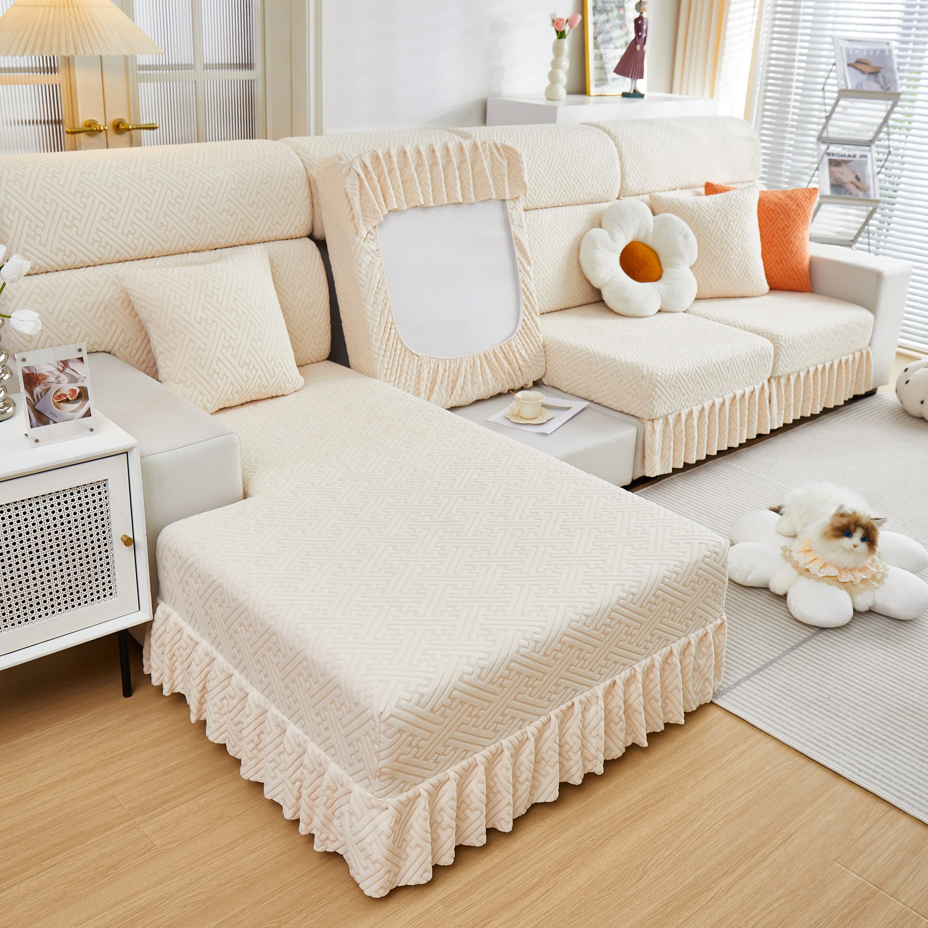 Stretch Sofa Covers with Skirt for Couch Seat and Cushion, Chaise, Sectional, 1/2/3/4 Seater Sofas - Image 155