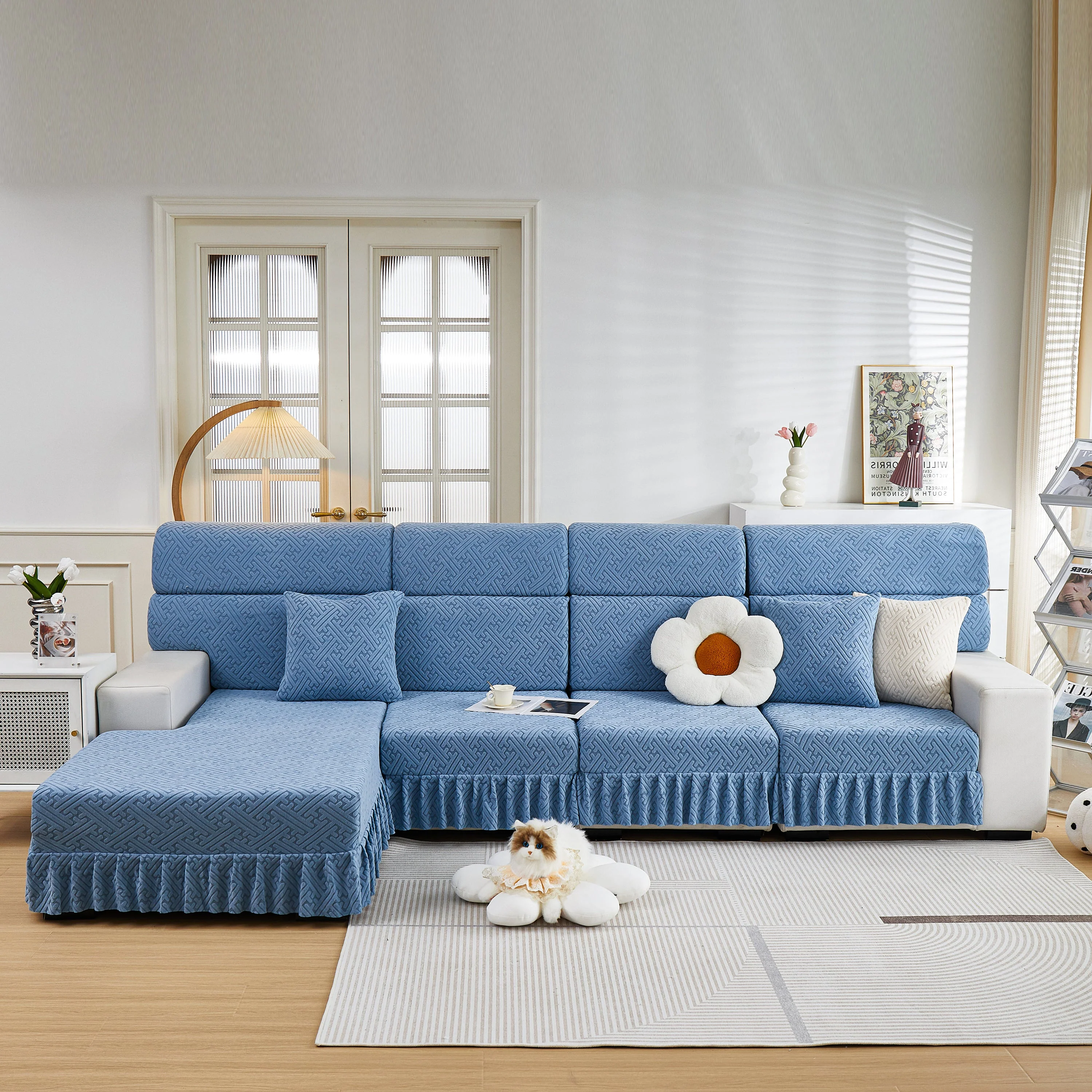 Stretch Sofa Covers with Skirt for Couch Seat and Cushion, Chaise, Sectional, 1/2/3/4 Seater Sofas - Image 161