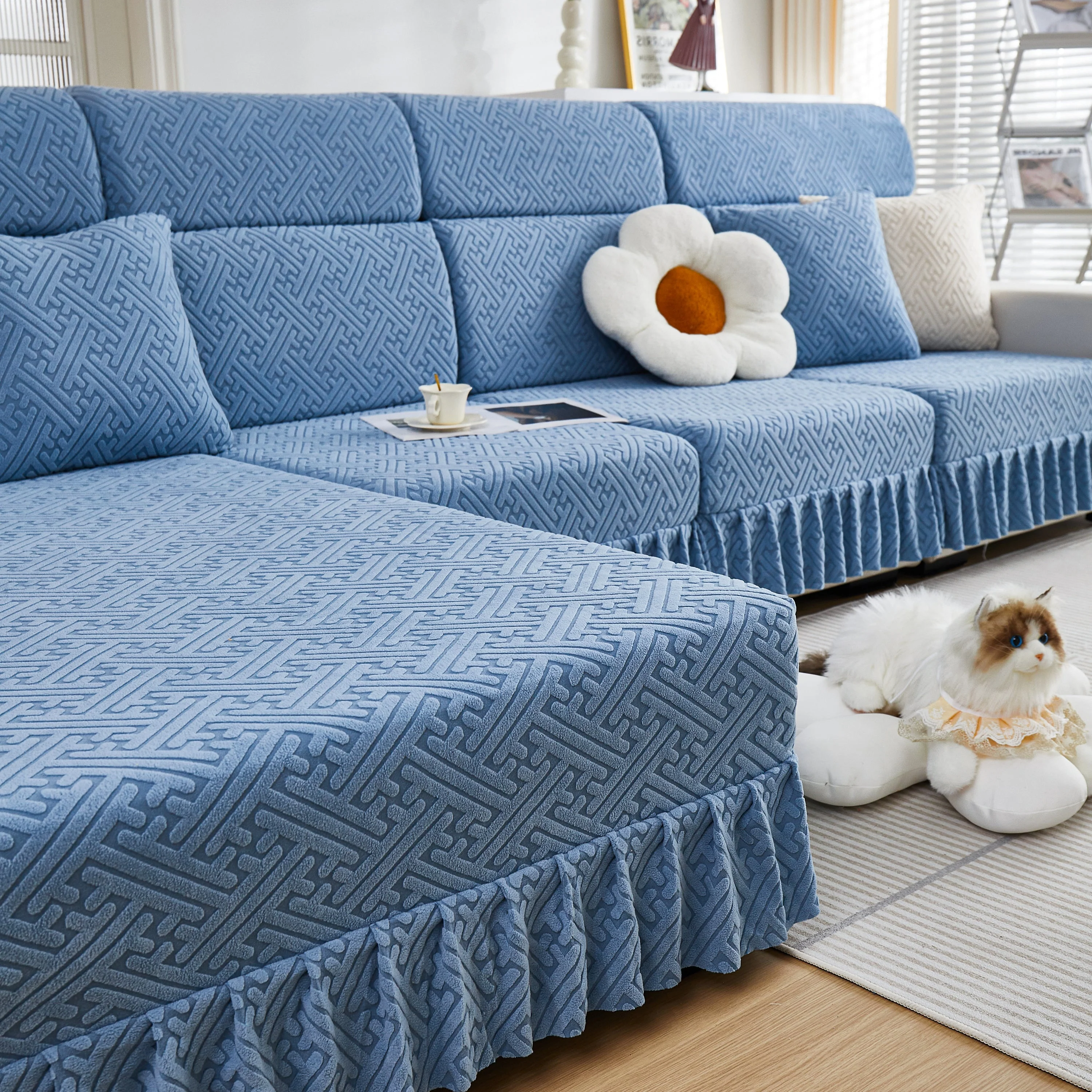 Stretch Sofa Covers with Skirt for Couch Seat and Cushion, Chaise, Sectional, 1/2/3/4 Seater Sofas - Image 162
