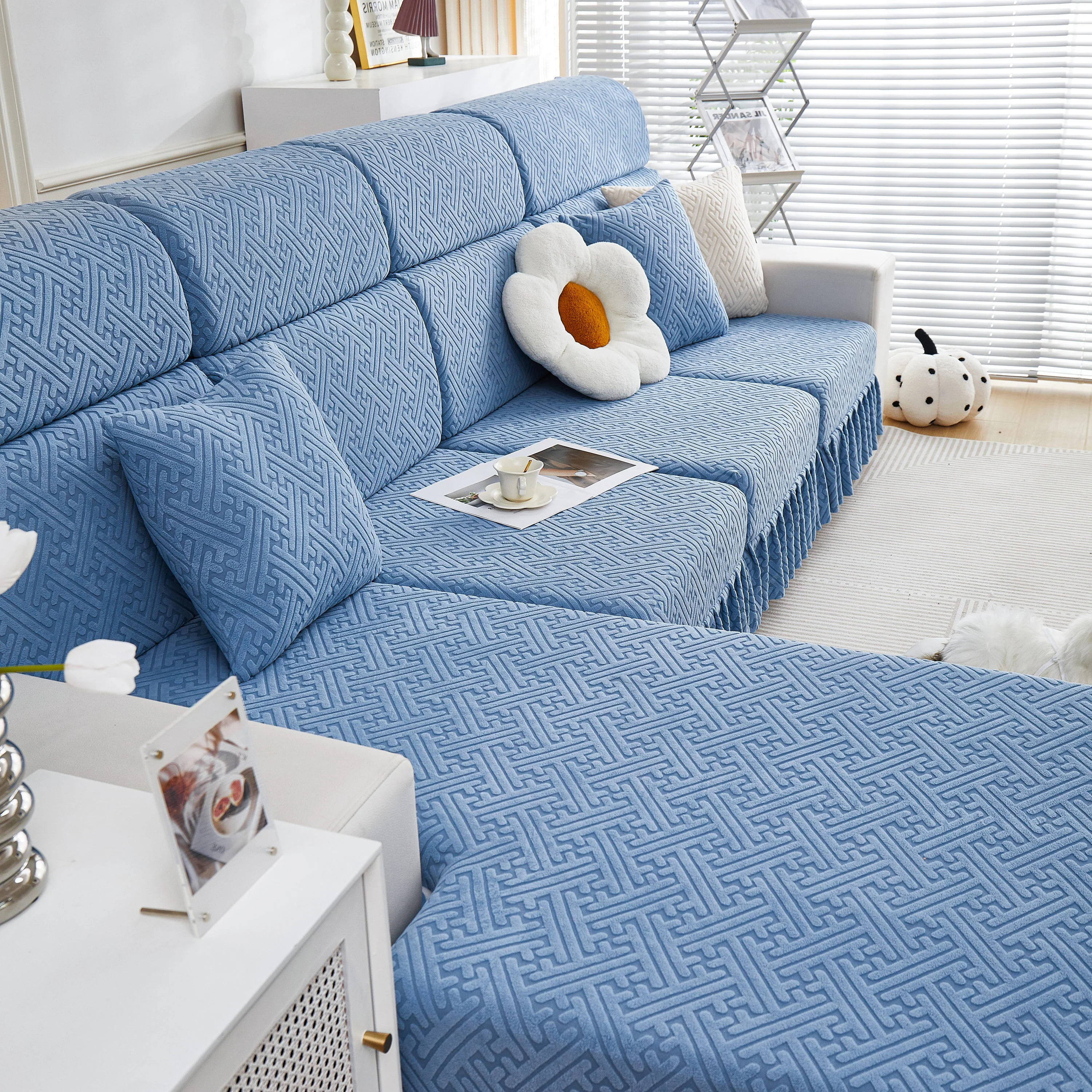 Stretch Sofa Covers with Skirt for Couch Seat and Cushion, Chaise, Sectional, 1/2/3/4 Seater Sofas - Image 170