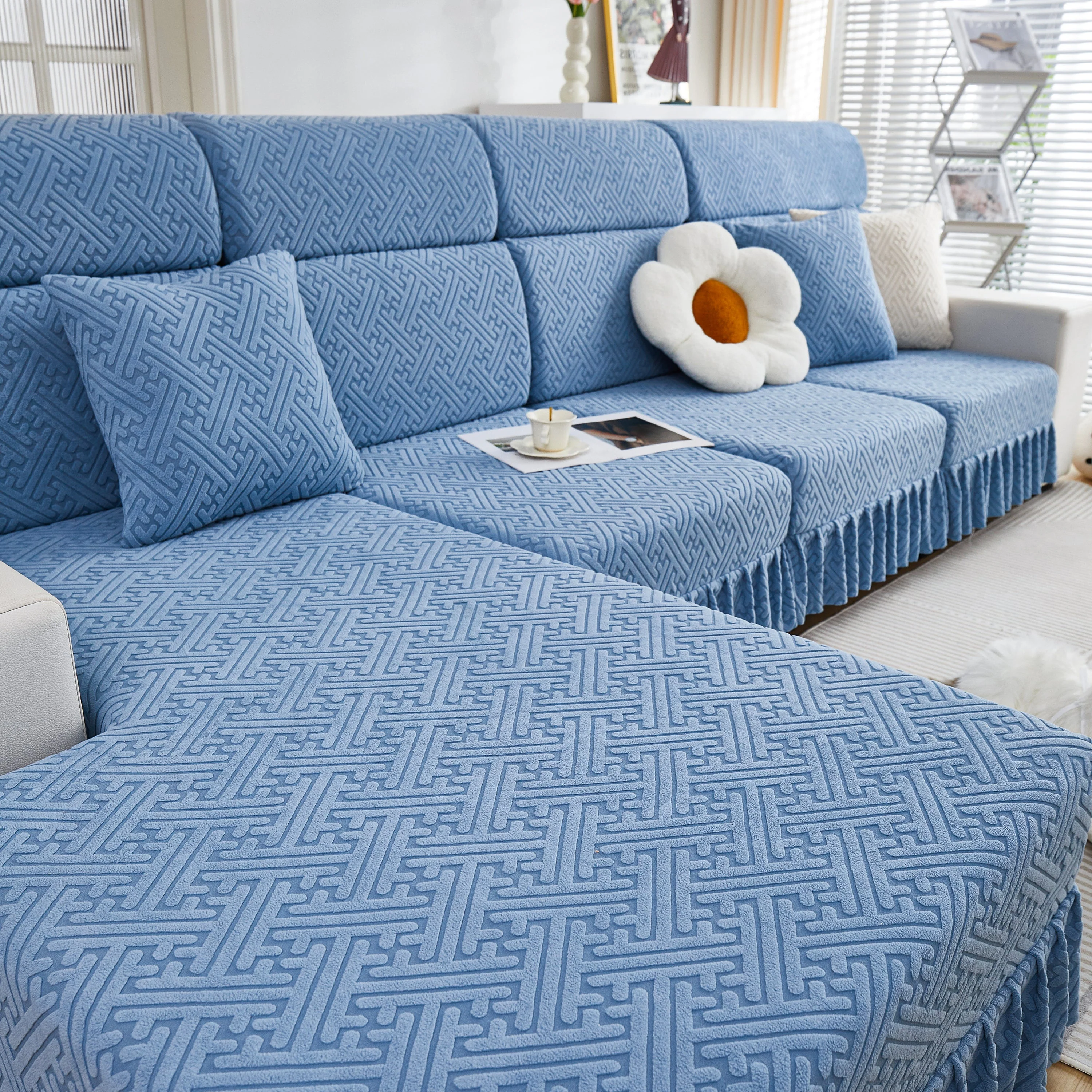 Stretch Sofa Covers with Skirt for Couch Seat and Cushion, Chaise, Sectional, 1/2/3/4 Seater Sofas - Image 174
