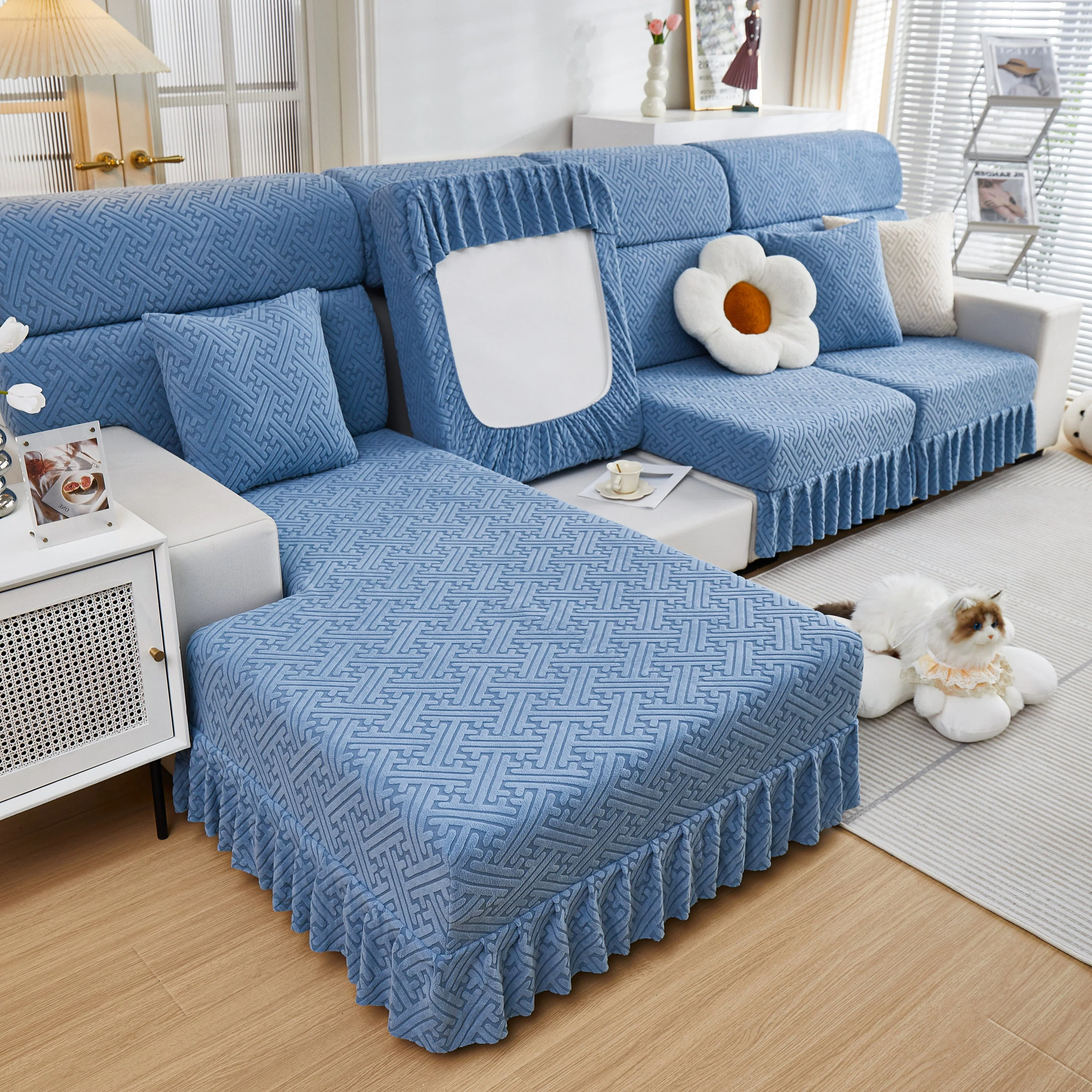 Stretch Sofa Covers with Skirt for Couch Seat and Cushion, Chaise, Sectional, 1/2/3/4 Seater Sofas - Image 178