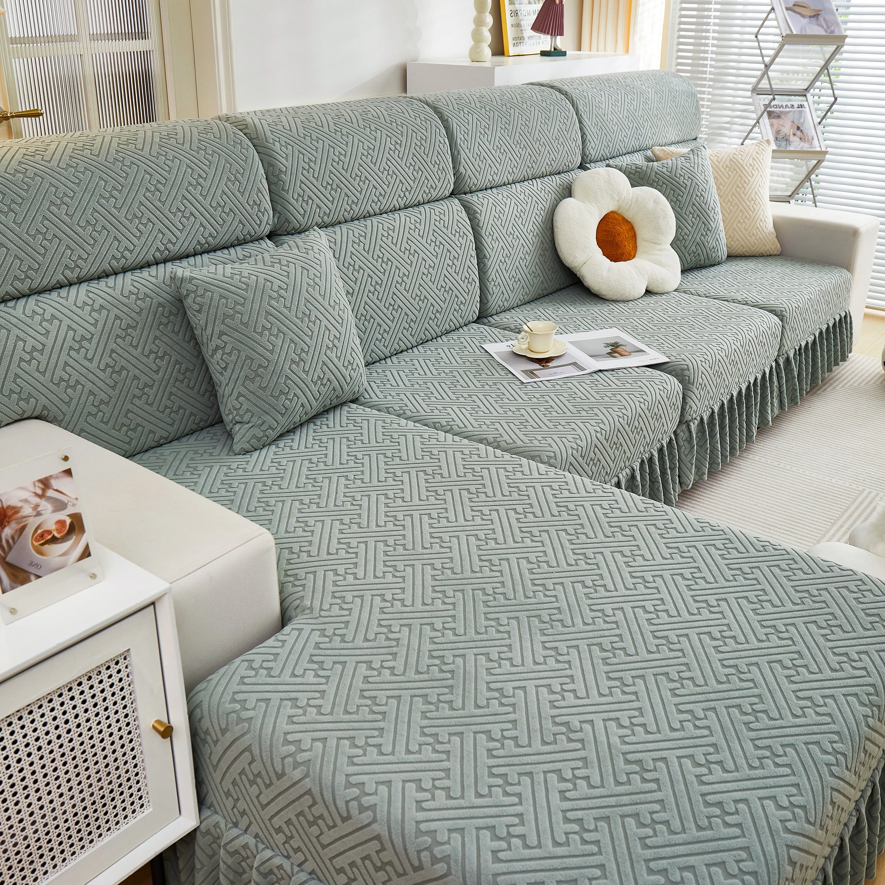 Stretch Sofa Covers with Skirt for Couch Seat and Cushion, Chaise, Sectional, 1/2/3/4 Seater Sofas - Image 18