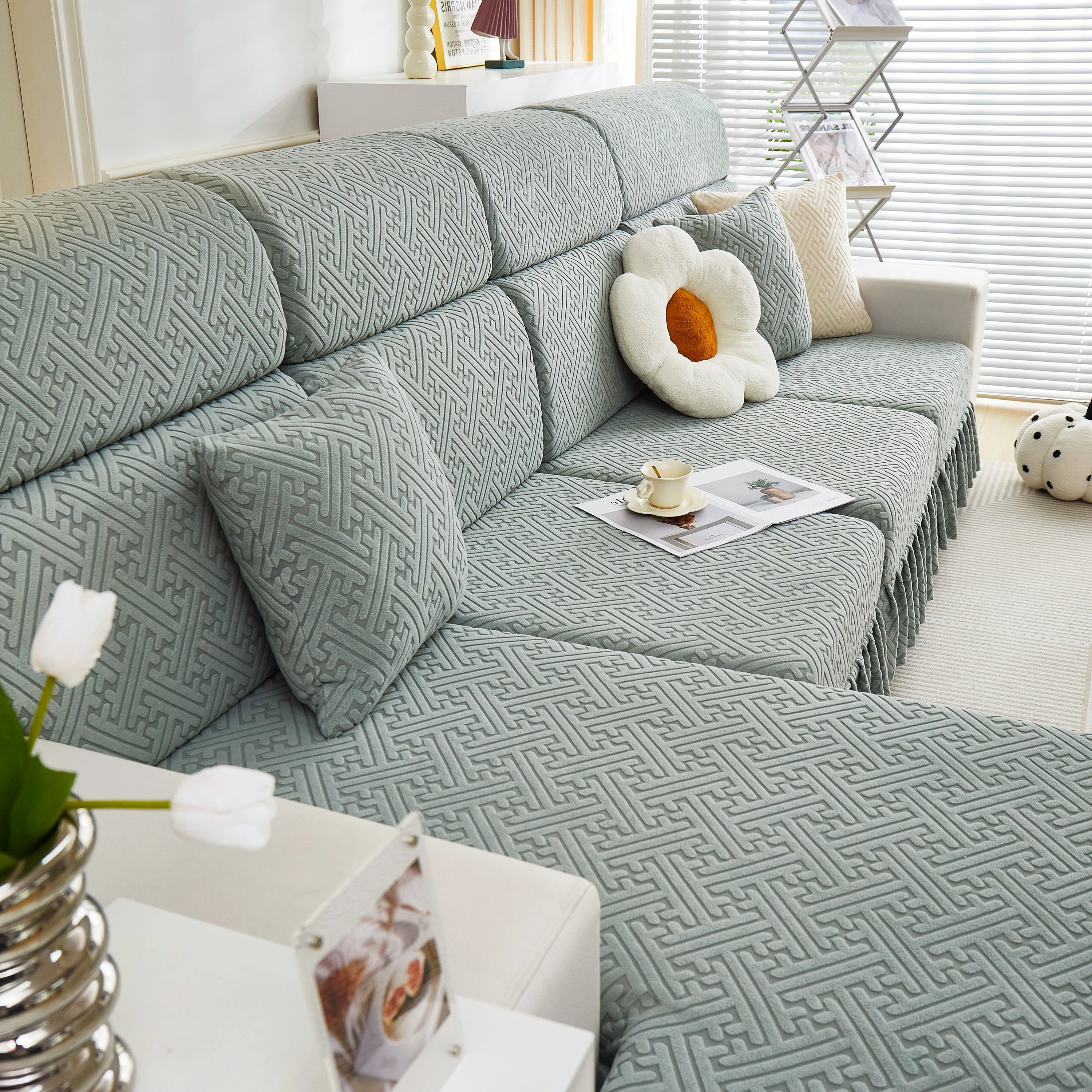 Stretch Sofa Covers with Skirt for Couch Seat and Cushion, Chaise, Sectional, 1/2/3/4 Seater Sofas - Image 19