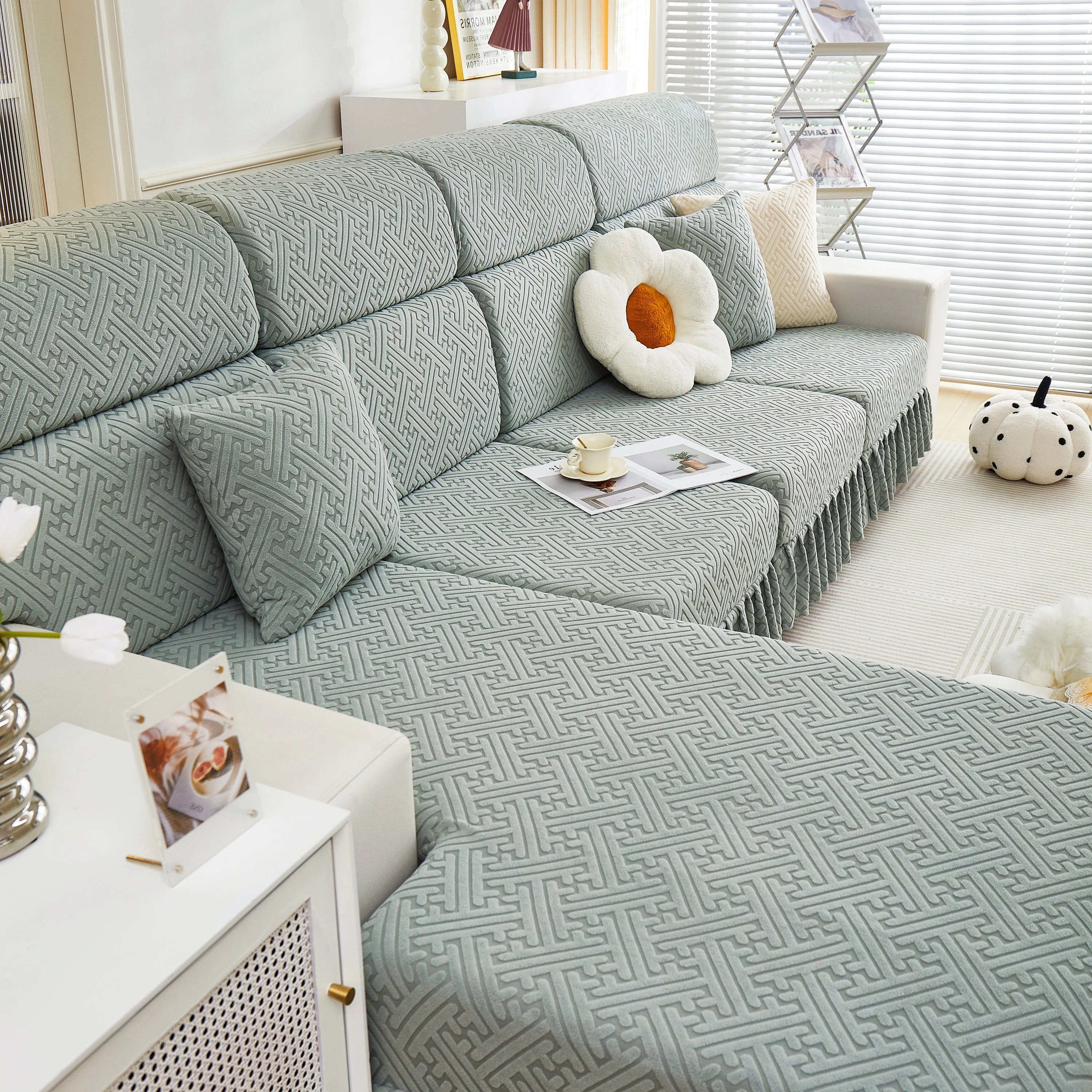Stretch Sofa Covers with Skirt for Couch Seat and Cushion, Chaise, Sectional, 1/2/3/4 Seater Sofas - Image 23