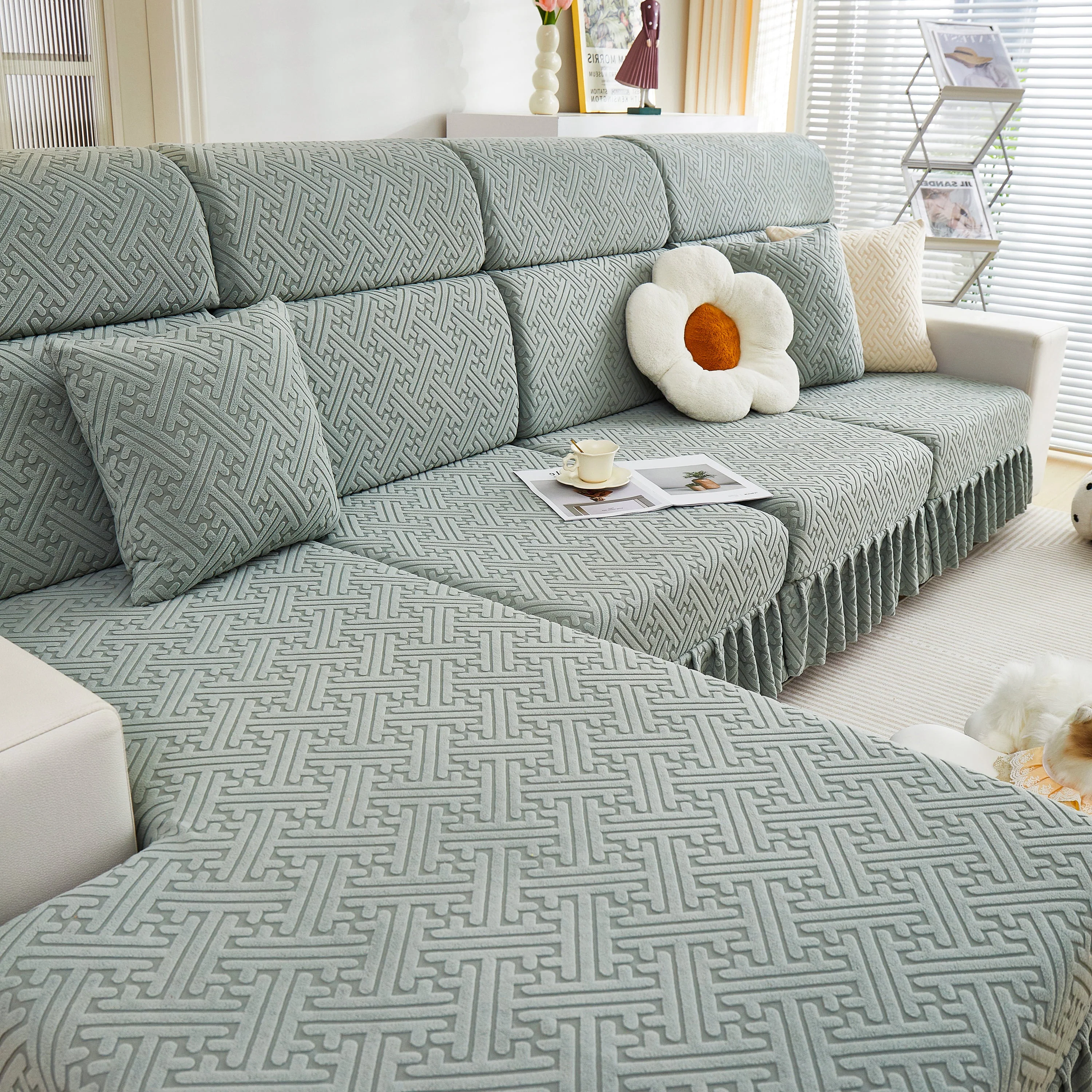 Stretch Sofa Covers with Skirt for Couch Seat and Cushion, Chaise, Sectional, 1/2/3/4 Seater Sofas - Image 24