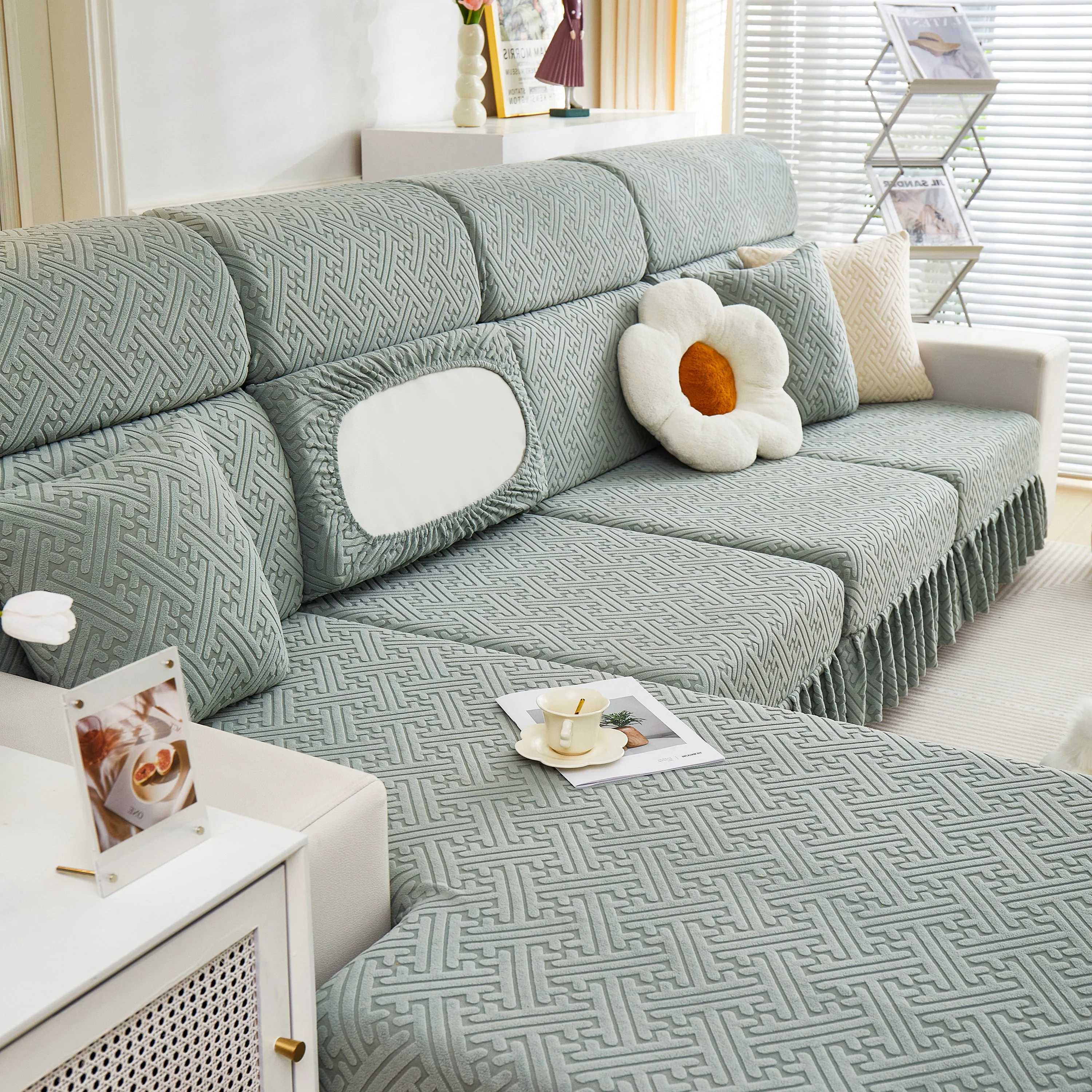 Stretch Sofa Covers with Skirt for Couch Seat and Cushion, Chaise, Sectional, 1/2/3/4 Seater Sofas - Image 26
