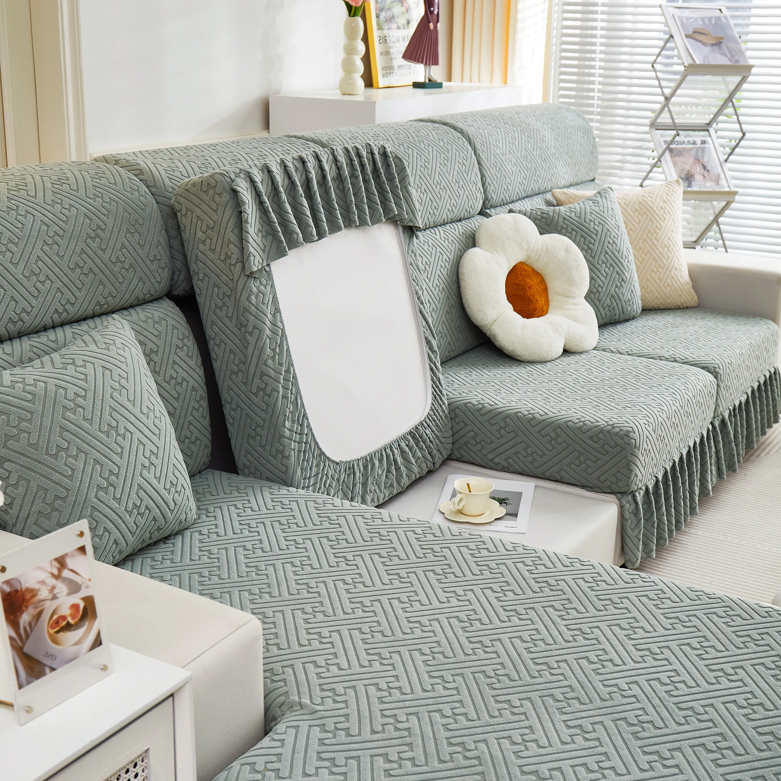 Stretch Sofa Covers with Skirt for Couch Seat and Cushion, Chaise, Sectional, 1/2/3/4 Seater Sofas - Image 27