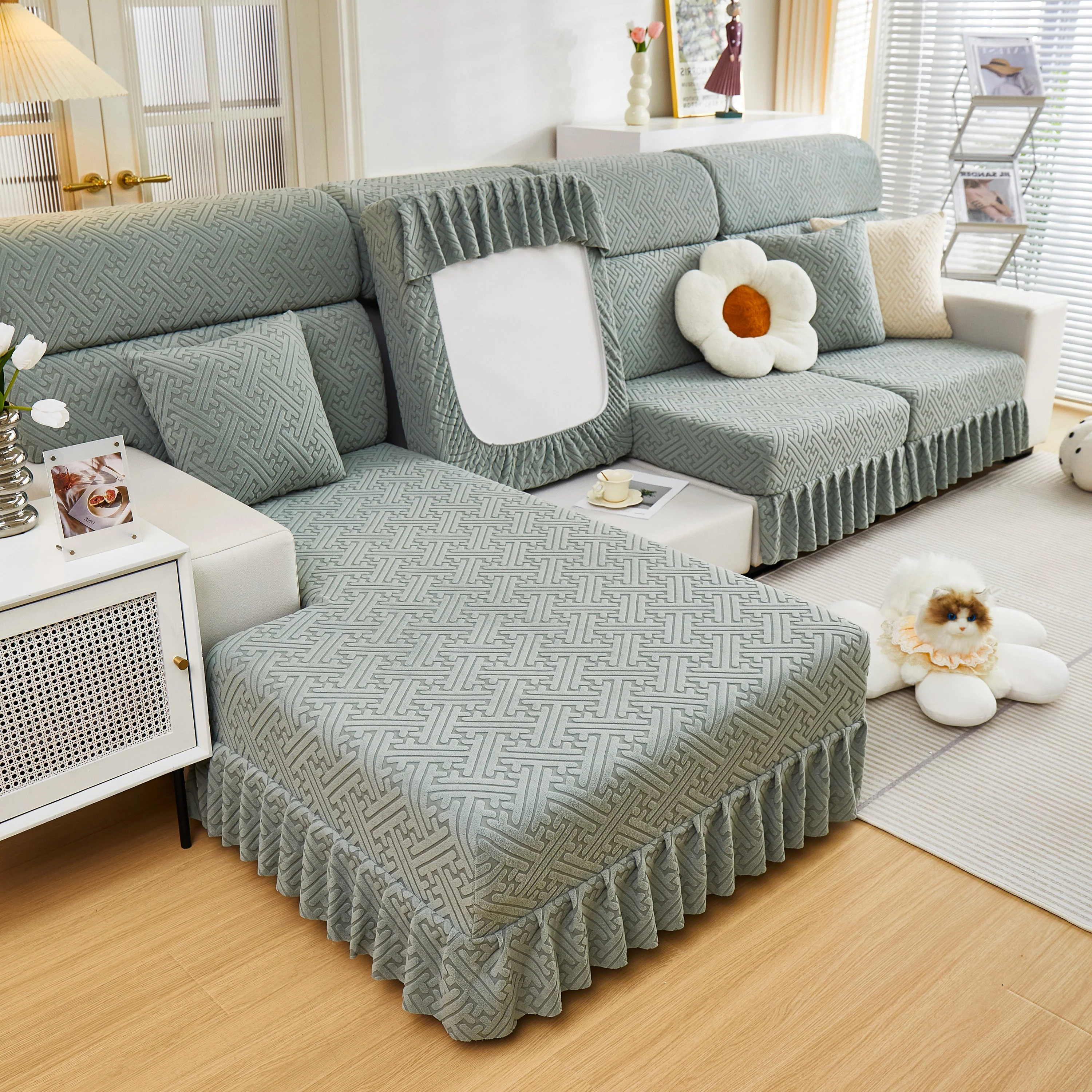 Stretch Sofa Covers with Skirt for Couch Seat and Cushion, Chaise, Sectional, 1/2/3/4 Seater Sofas - Image 28