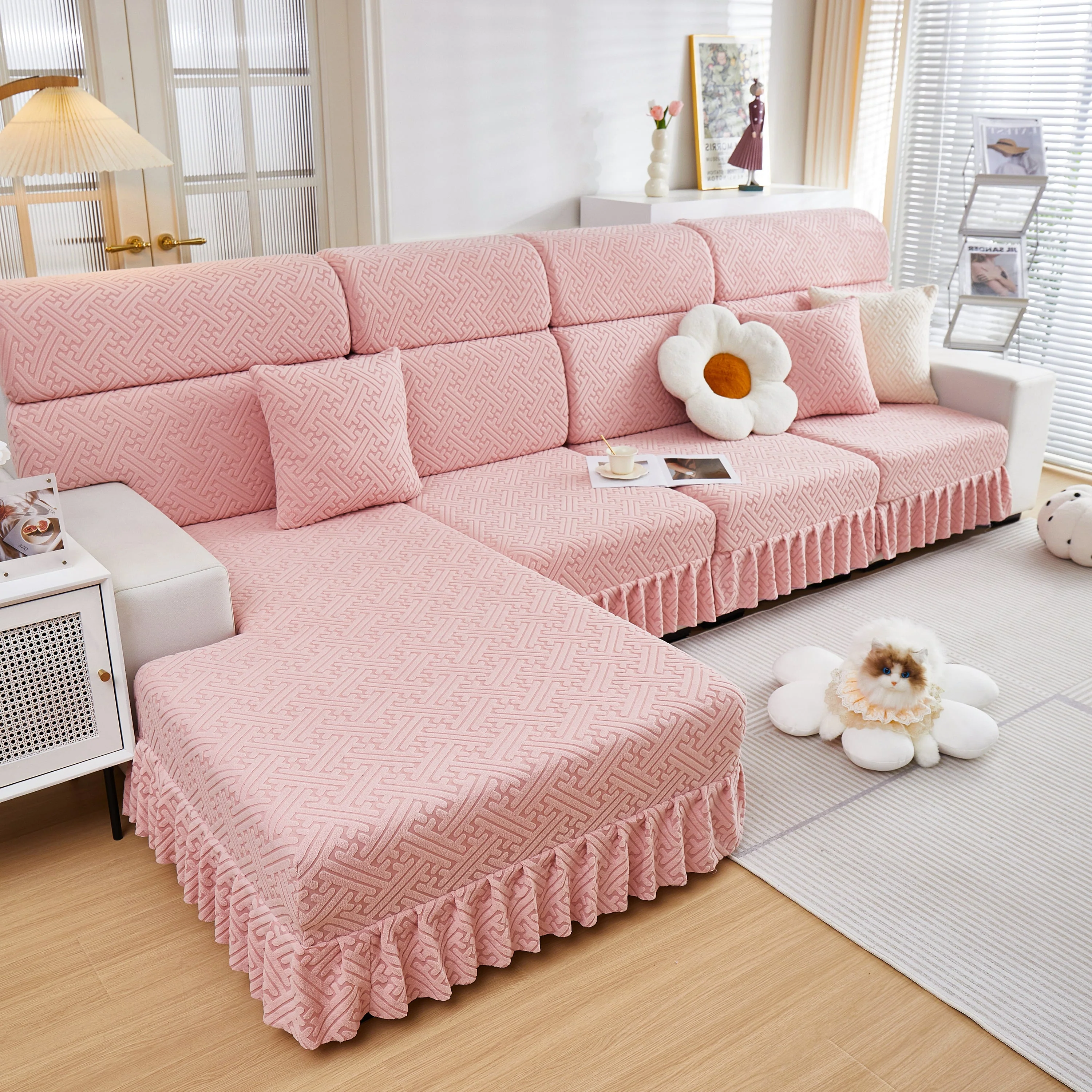 Stretch Sofa Covers with Skirt for Couch Seat and Cushion, Chaise, Sectional, 1/2/3/4 Seater Sofas - Image 36
