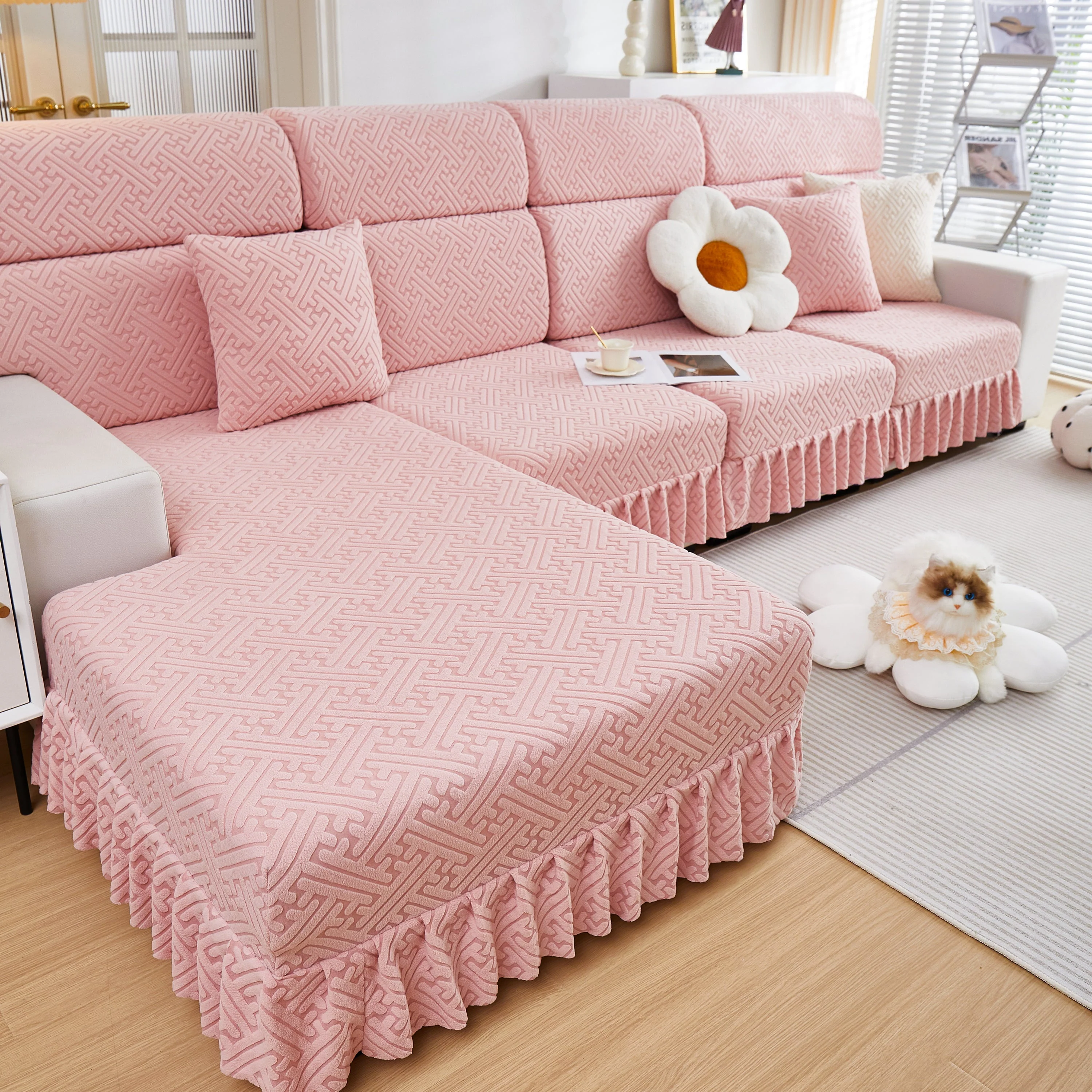 Stretch Sofa Covers with Skirt for Couch Seat and Cushion, Chaise, Sectional, 1/2/3/4 Seater Sofas - Image 37