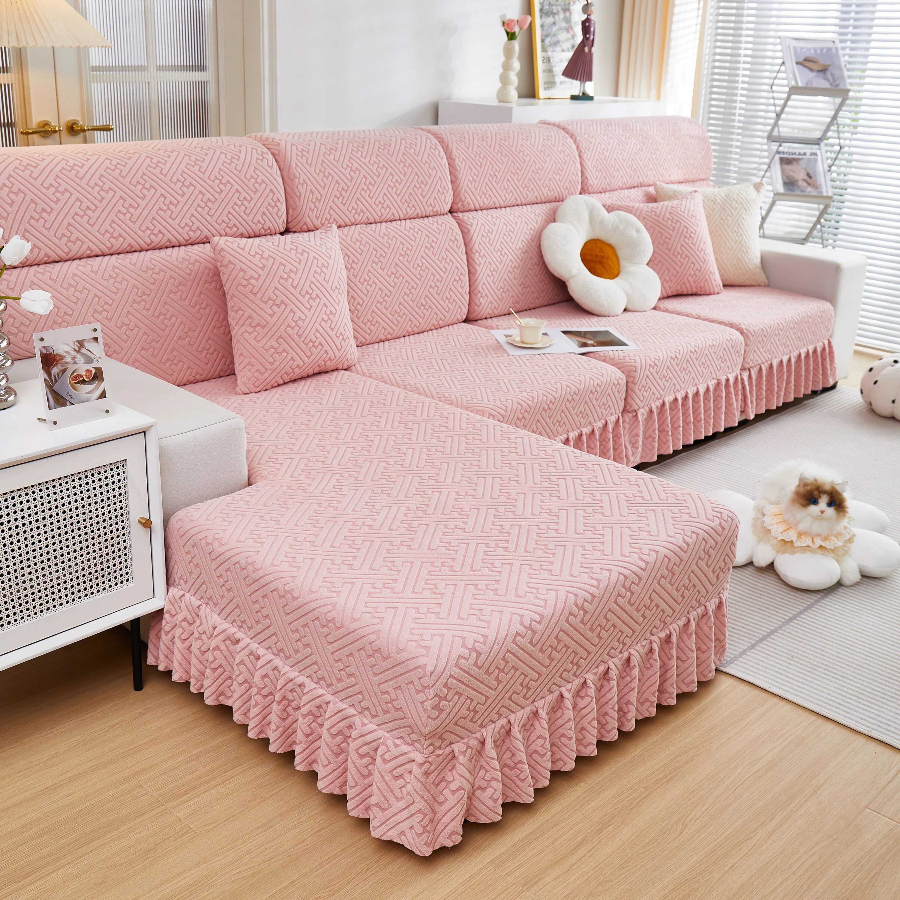 Stretch Sofa Covers with Skirt for Couch Seat and Cushion, Chaise, Sectional, 1/2/3/4 Seater Sofas - Image 39