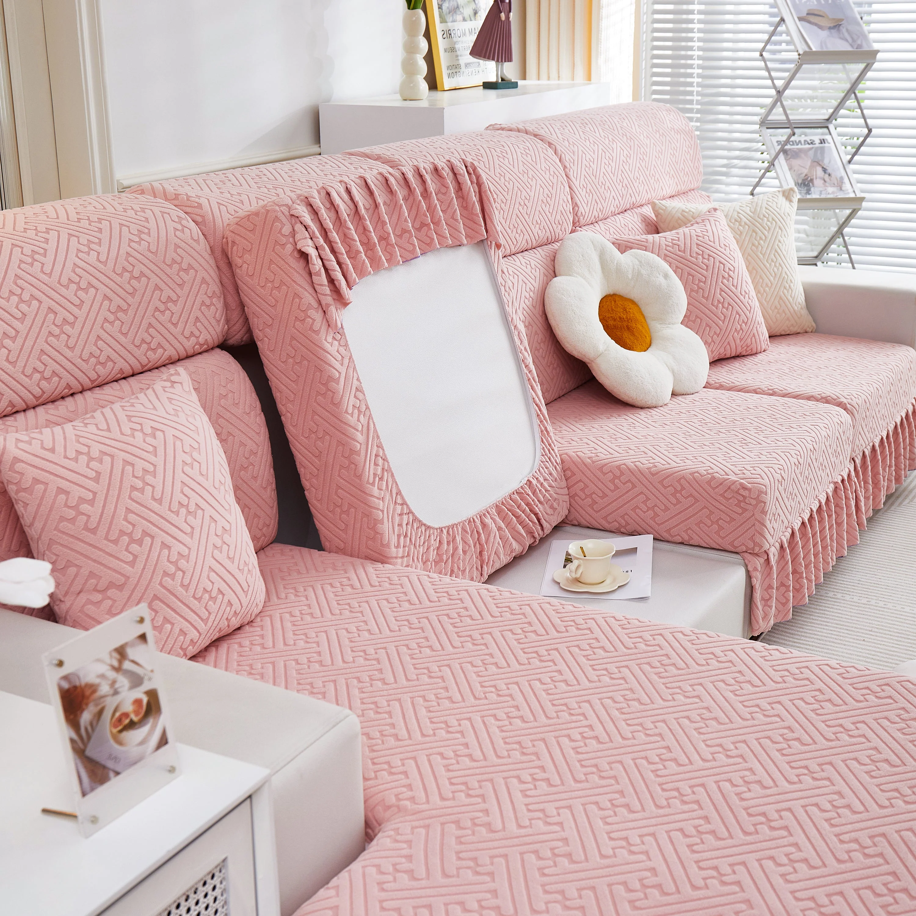 Stretch Sofa Covers with Skirt for Couch Seat and Cushion, Chaise, Sectional, 1/2/3/4 Seater Sofas - Image 48