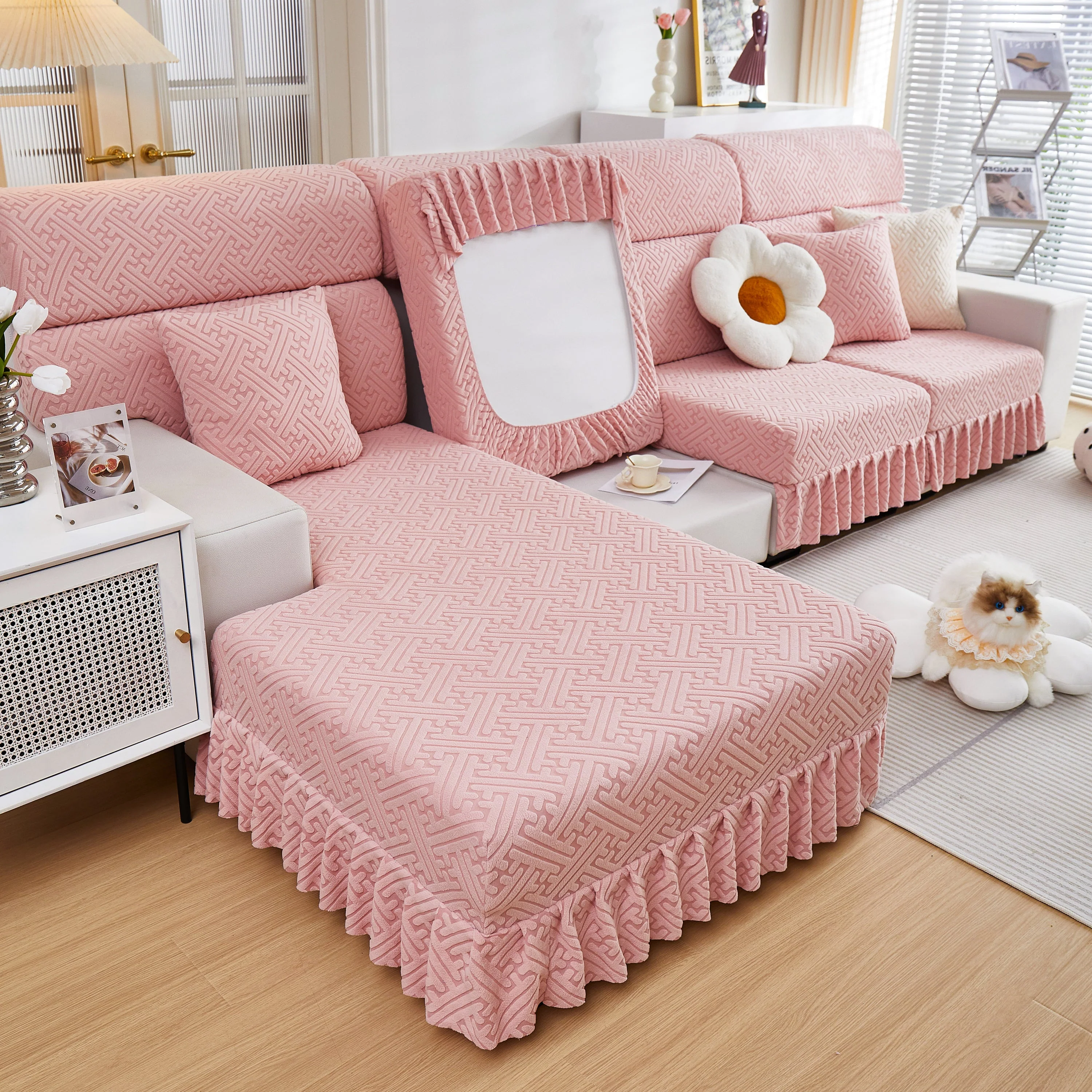 Stretch Sofa Covers with Skirt for Couch Seat and Cushion, Chaise, Sectional, 1/2/3/4 Seater Sofas - Image 49