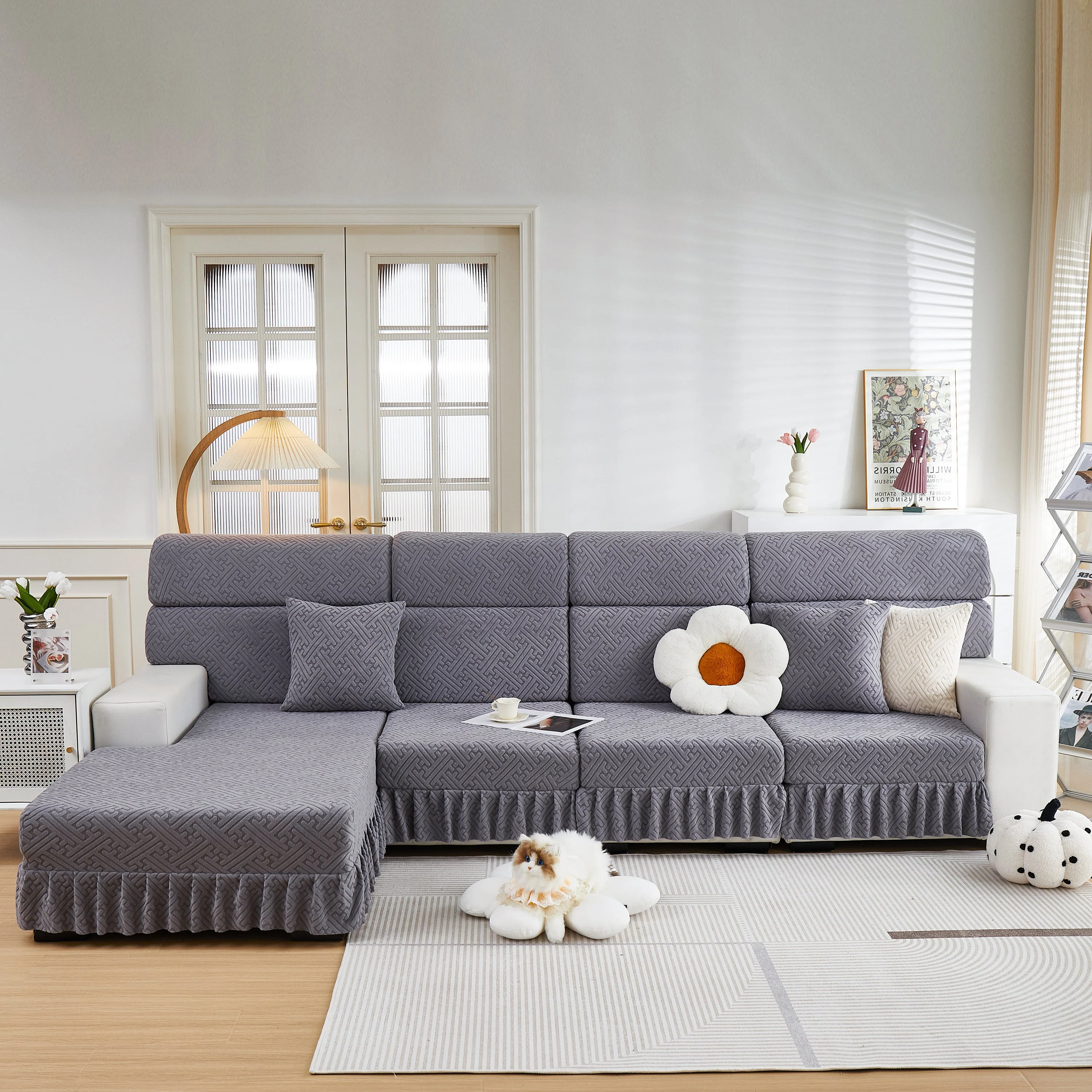 Stretch Sofa Covers with Skirt for Couch Seat and Cushion, Chaise, Sectional, 1/2/3/4 Seater Sofas - Image 55
