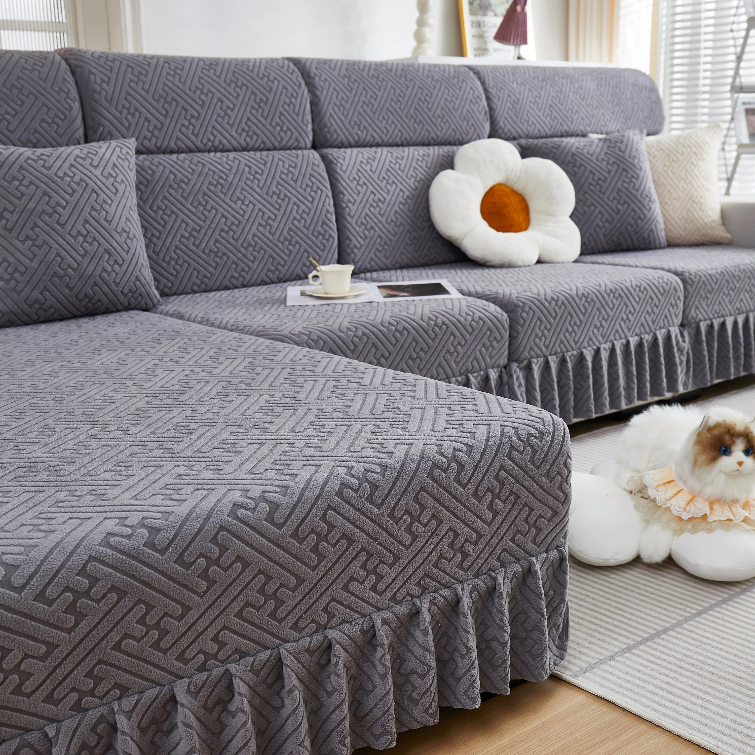 Stretch Sofa Covers with Skirt for Couch Seat and Cushion, Chaise, Sectional, 1/2/3/4 Seater Sofas - Image 56