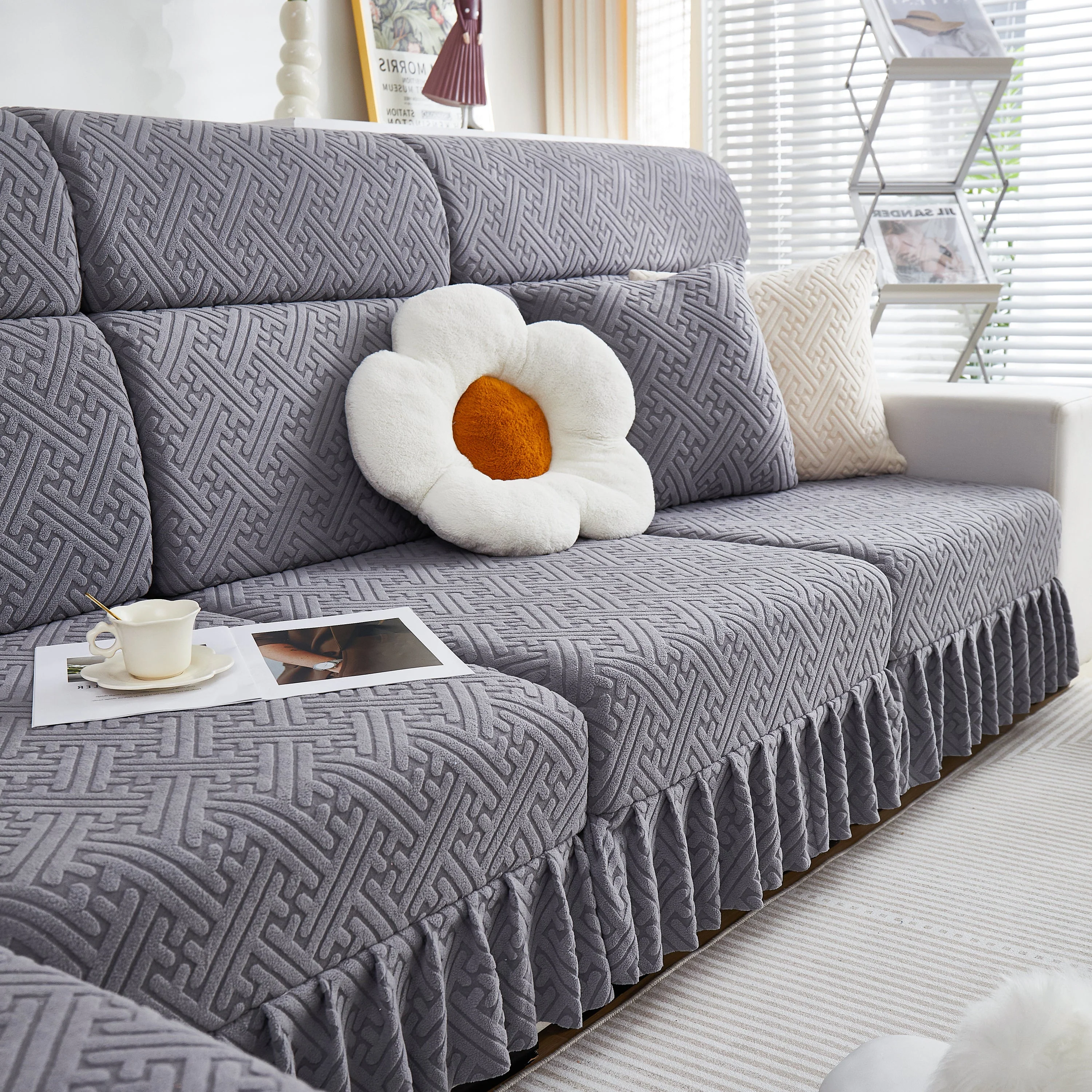 Stretch Sofa Covers with Skirt for Couch Seat and Cushion, Chaise, Sectional, 1/2/3/4 Seater Sofas - Image 57