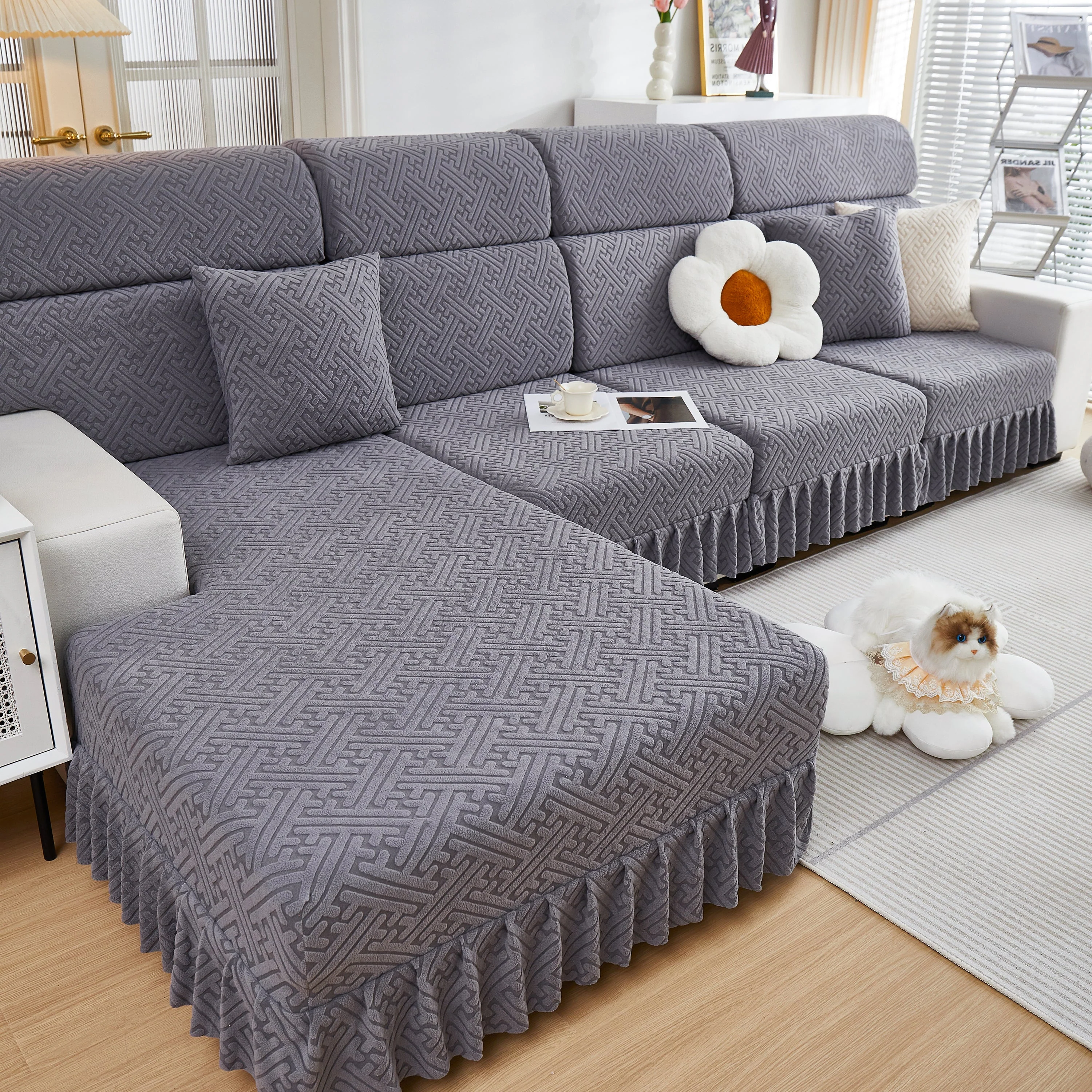 Stretch Sofa Covers with Skirt for Couch Seat and Cushion, Chaise, Sectional, 1/2/3/4 Seater Sofas - Image 58