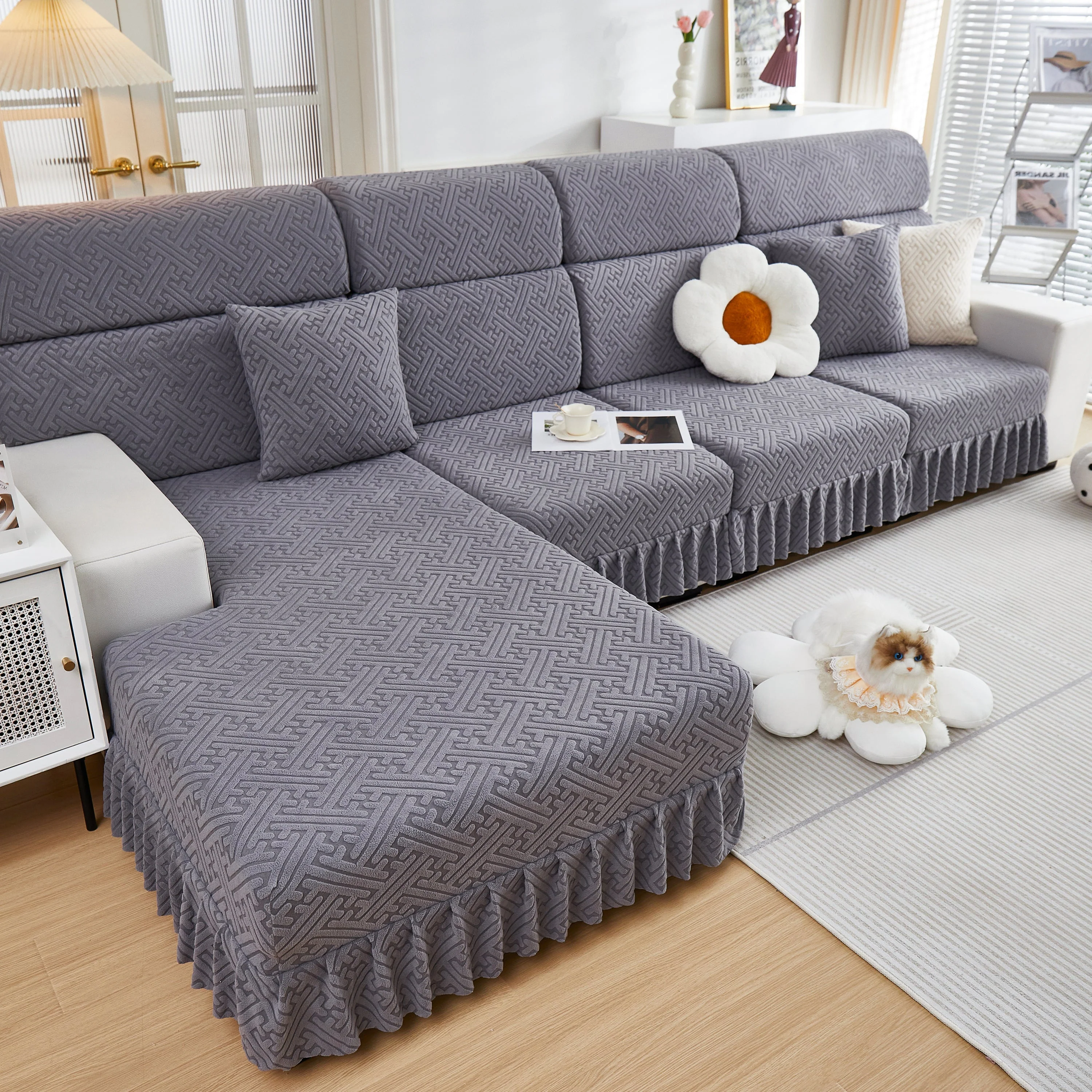 Stretch Sofa Covers with Skirt for Couch Seat and Cushion, Chaise, Sectional, 1/2/3/4 Seater Sofas - Image 59