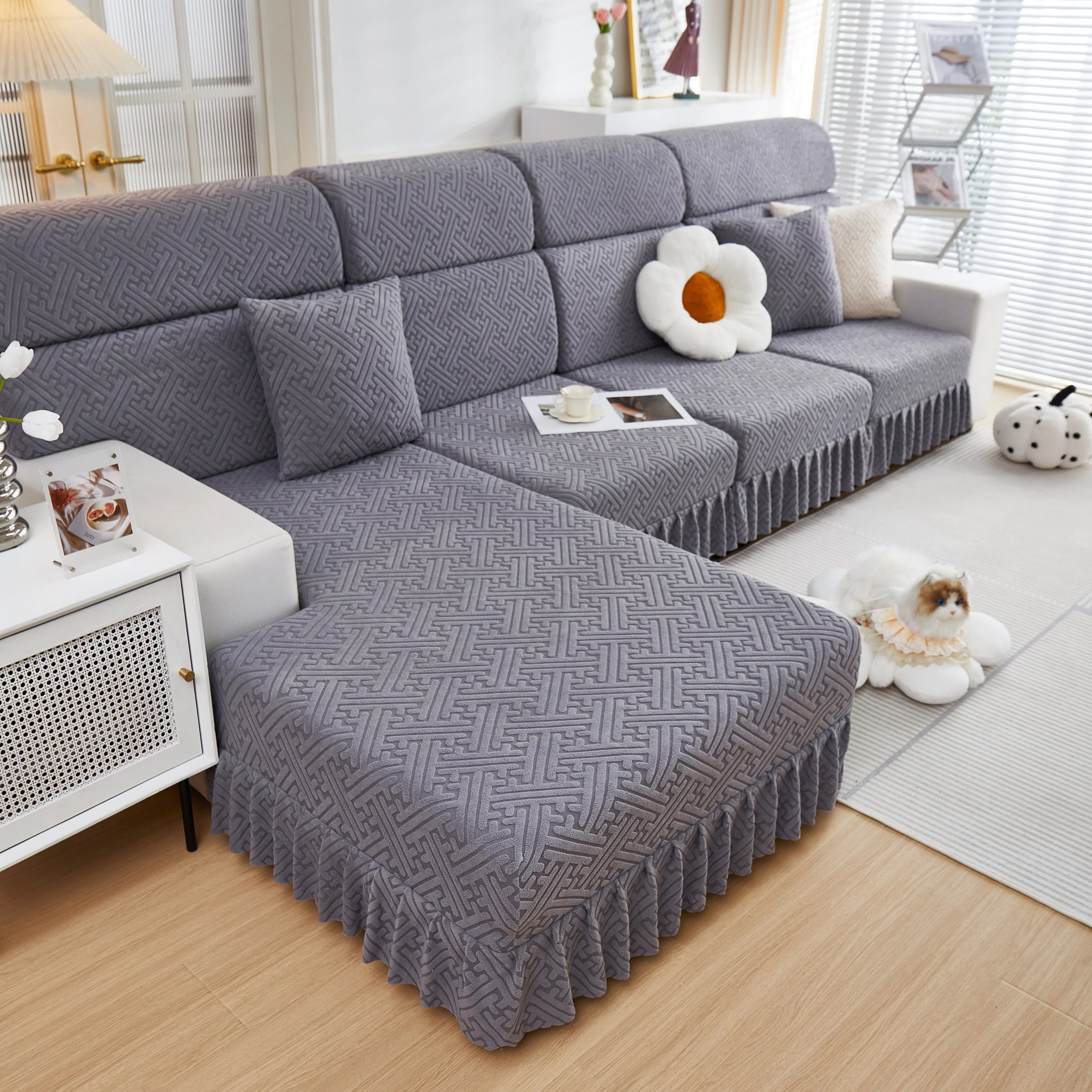 Stretch Sofa Covers with Skirt for Couch Seat and Cushion, Chaise, Sectional, 1/2/3/4 Seater Sofas - Image 60