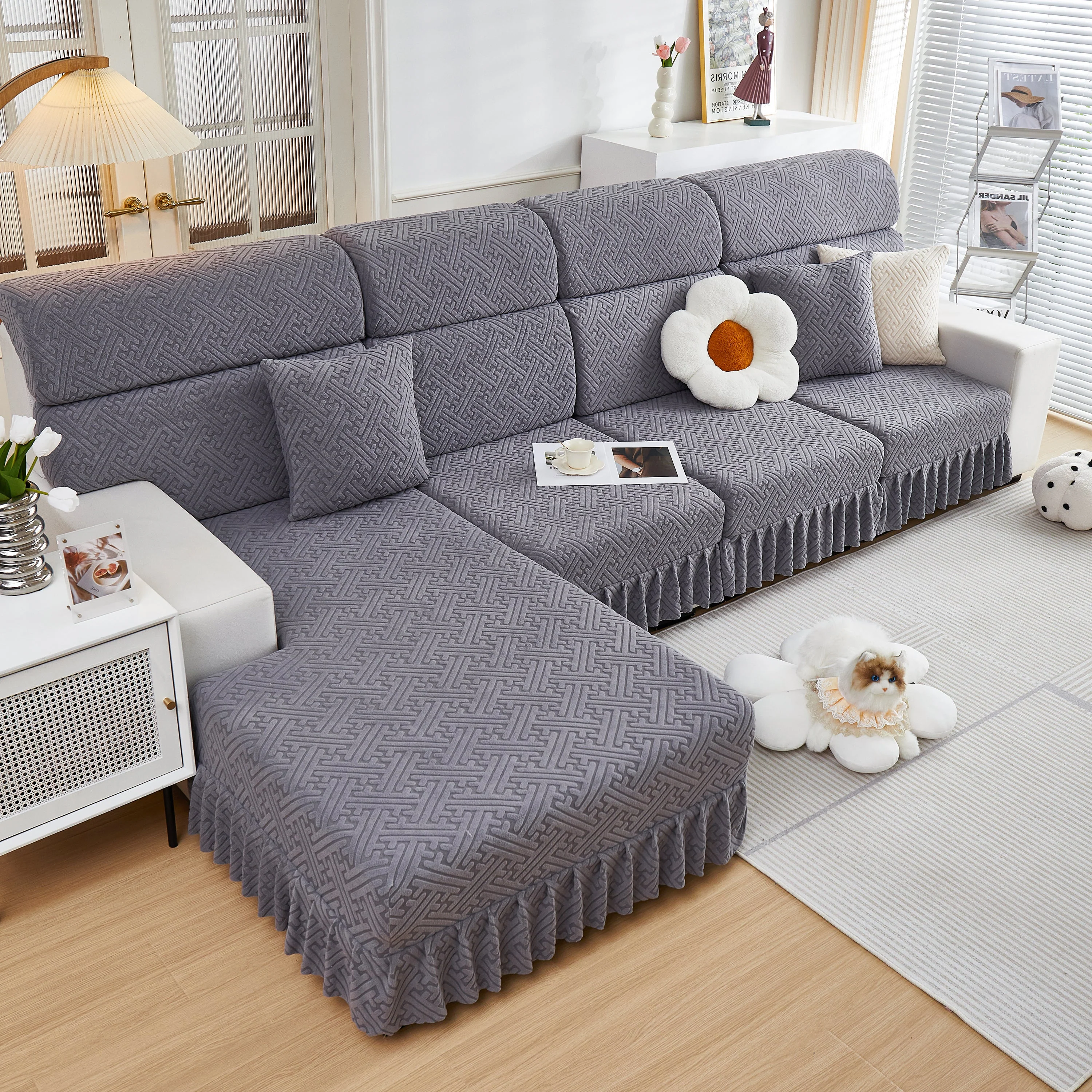 Stretch Sofa Covers with Skirt for Couch Seat and Cushion, Chaise, Sectional, 1/2/3/4 Seater Sofas - Image 61